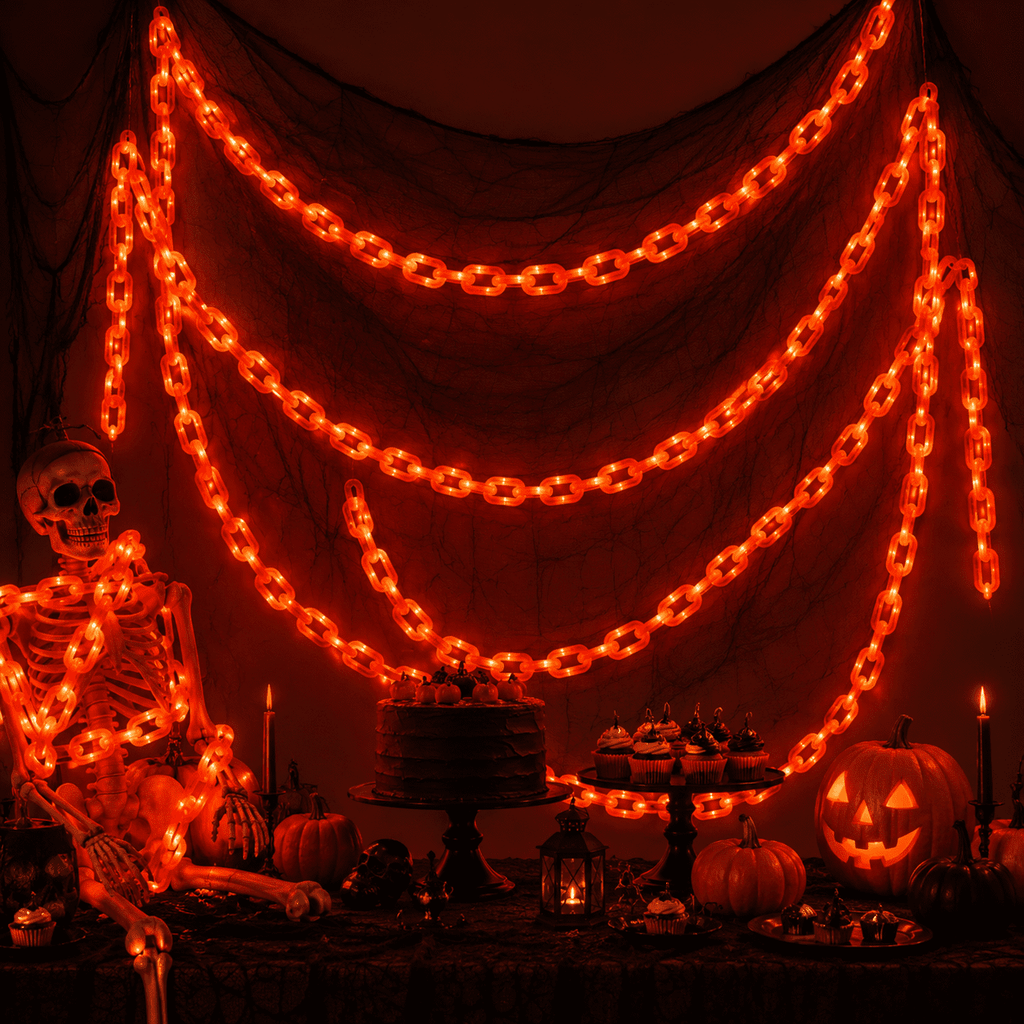 DAKIMOE Halloween Decoration Chain String Lights Orange Light Up Plastic Chain Decoration 10FT Long Glowing Link Chain for Haunted House Party Porch Yard Door Indoor Outdoor Halloween Decor