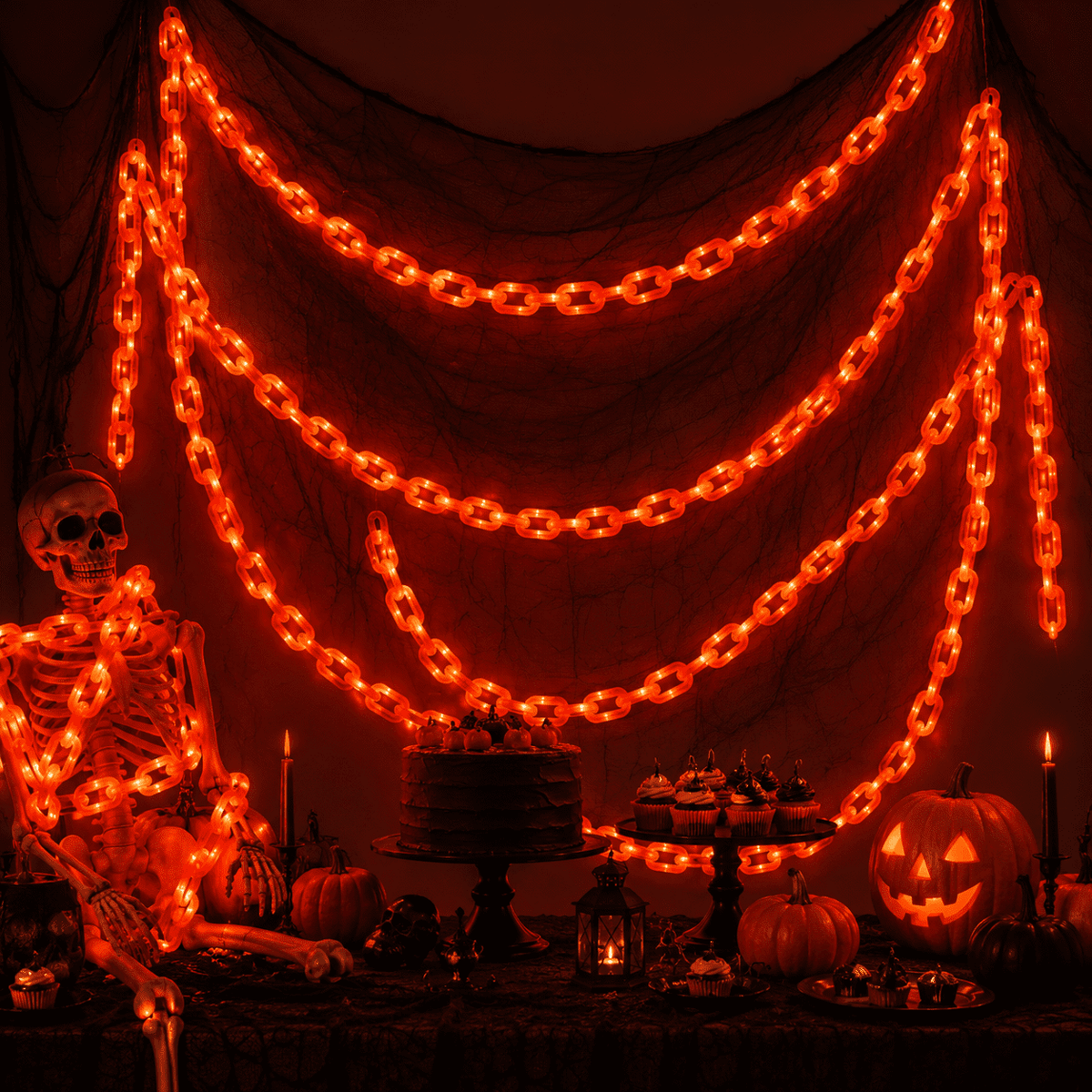DAKIMOE Halloween Decoration Chain String Lights Orange Light Up Plastic Chain Decoration 10FT Long Glowing Link Chain for Haunted House Party Porch Yard Door Indoor Outdoor Halloween Decor