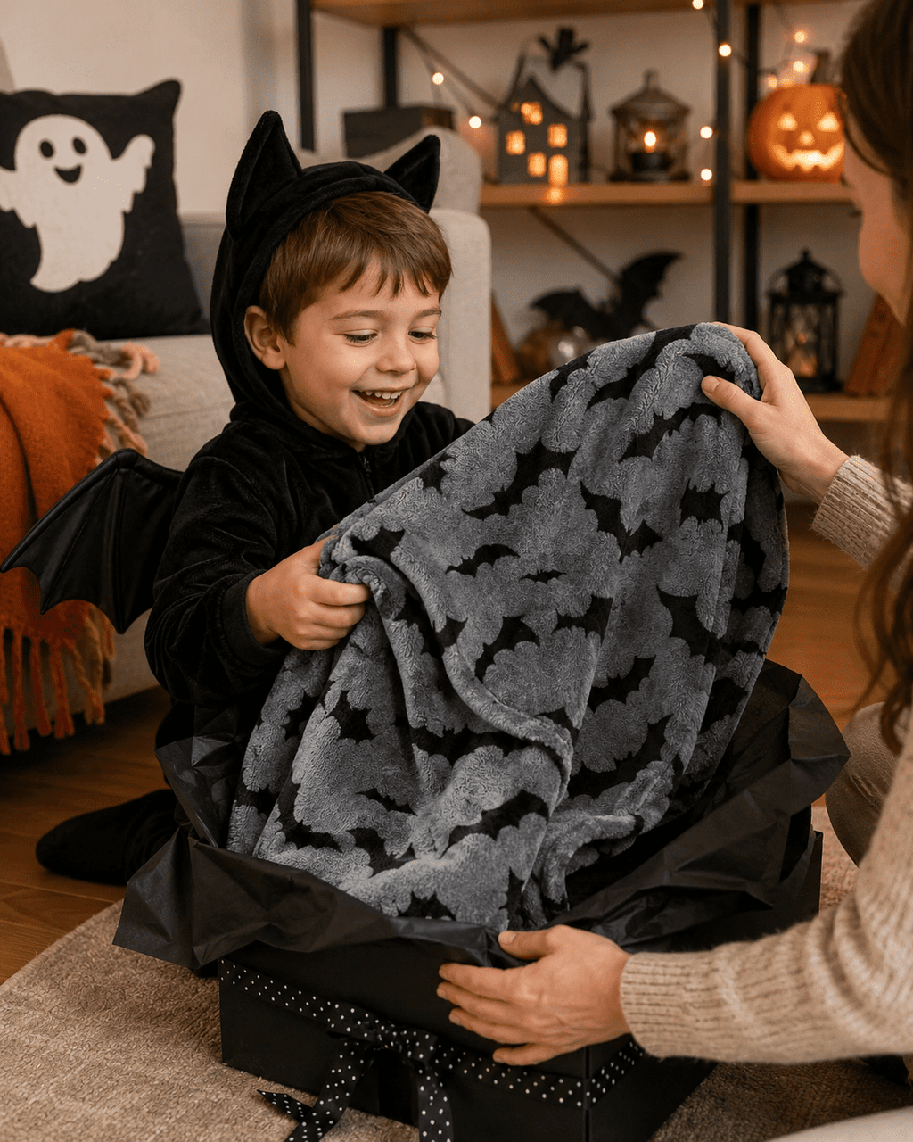 Serafina Home Halloween Throw Blanket: Fuzzy Boo! Jack O'Lantern Spider Webs Skull and Black Cats Print on Velvet Fleece for Sofa Bed Couch Chair Dorm