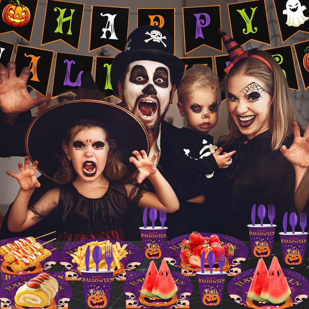 Halloween Paper Plates for Halloween Party Decoration Disposable Cups Napkins Table Cover for Halloween Banner Birthday Party Supplies Serve 20 Design 3