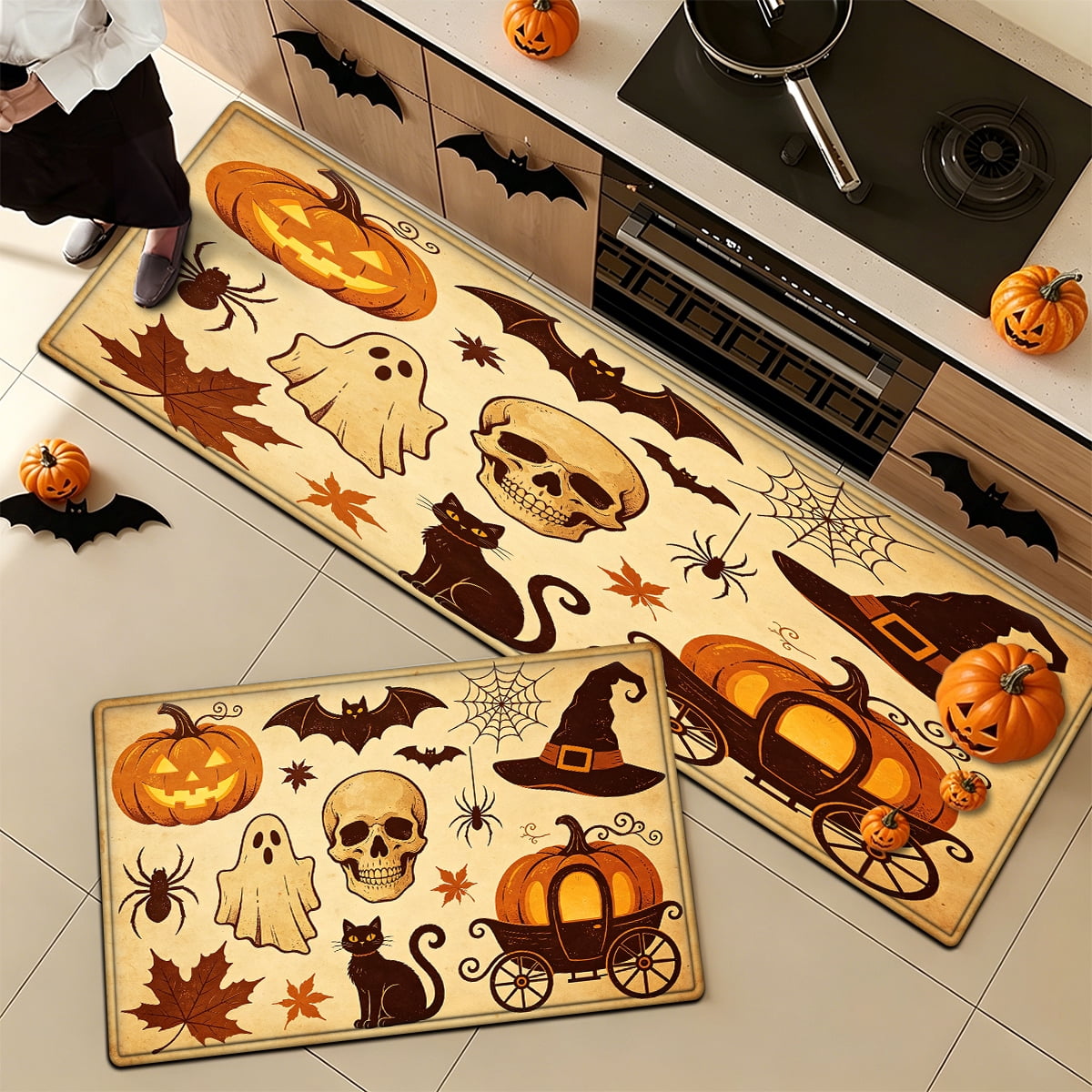 YIMEIS Halloween Neon Pumpkin Lanterns 3Pcs Flannel Mat & Kitchen Rugs Set,Soft Non-slip,16''×24'' 20''×30'' 17''×47'' Inches,for Entryway Bathroom