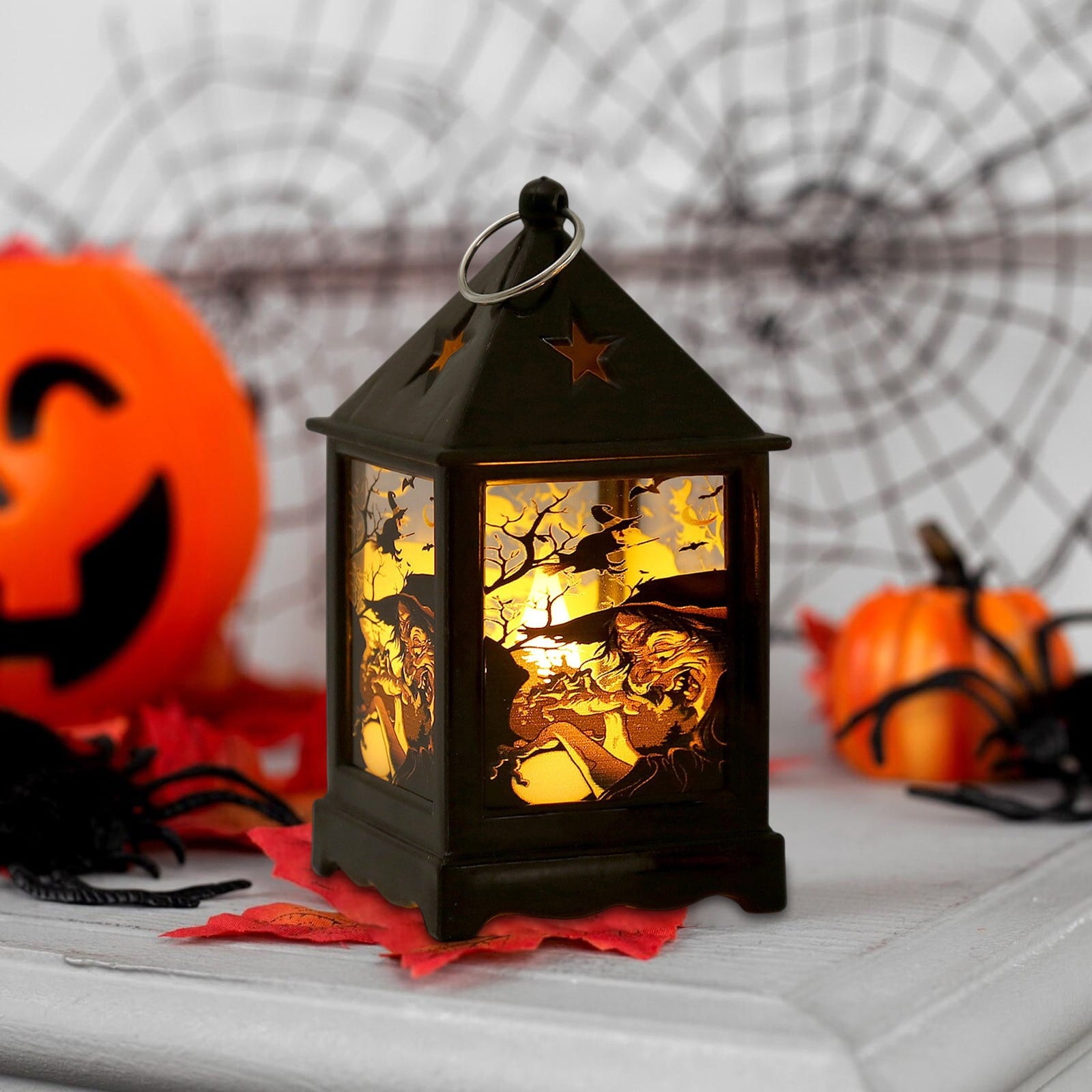 Halloween LED Lanterns with Spooky Skeleton, Owl, Bat, Castle & Flame Designs – Battery Operated Hanging Lights for Indoor/Outdoor Halloween Party Decor (C)