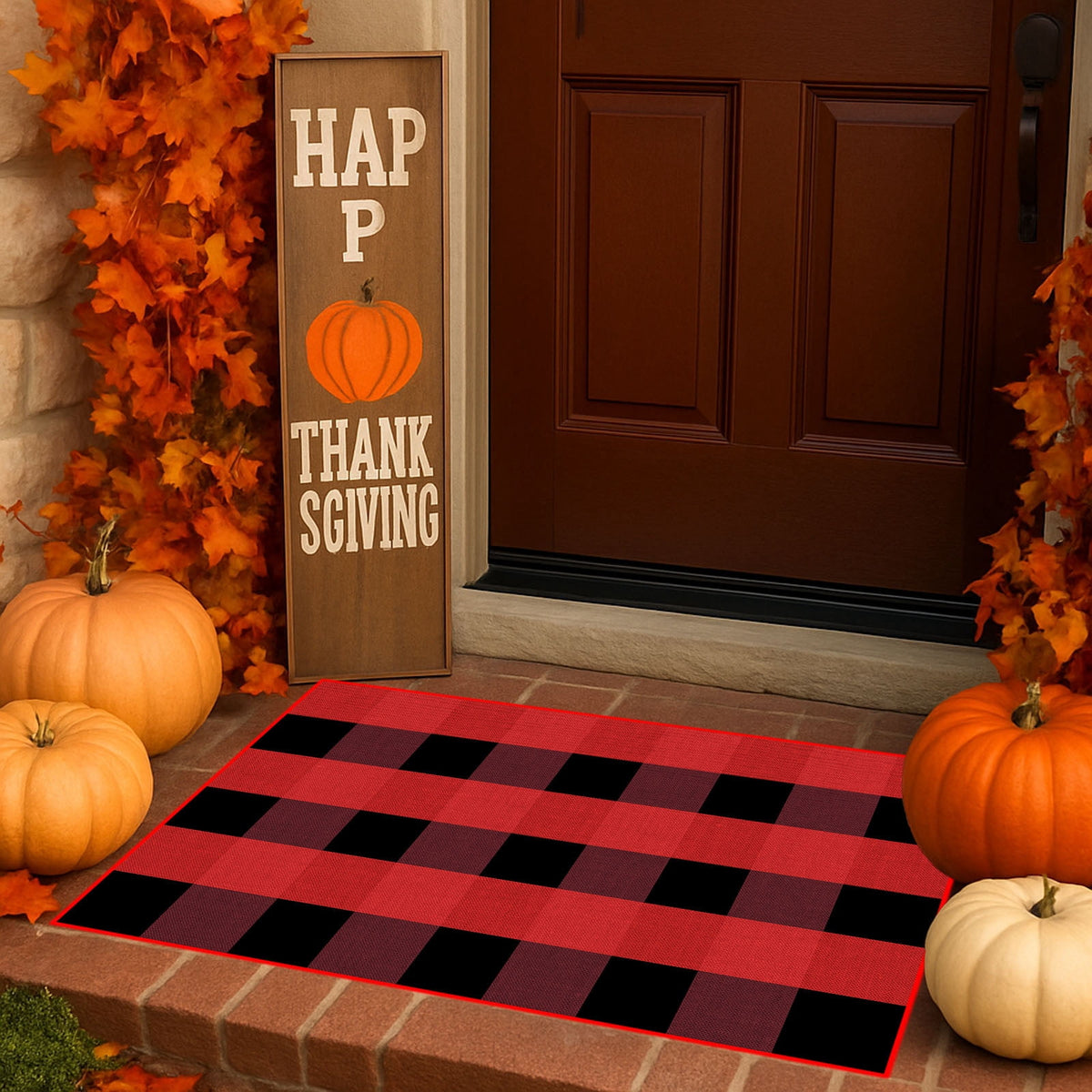 Halloween Fall Outdoor Rug Plaid Rug Foldable Floor Mat for Thanksgiving Front Door Front Porch Farmhouse Entryway Patio Decoration
