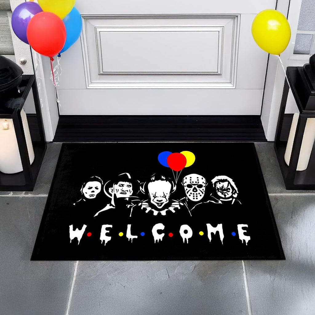 Halloween Door Mat Welcome Mats 17 X 29 Inch Horror Movie Doormat Decorative Entrance Mat Non-Slip Rubber Backed Floor mat, Washable, Seasonal Welcome mat, Indoor/Outdoor entryway Decoration