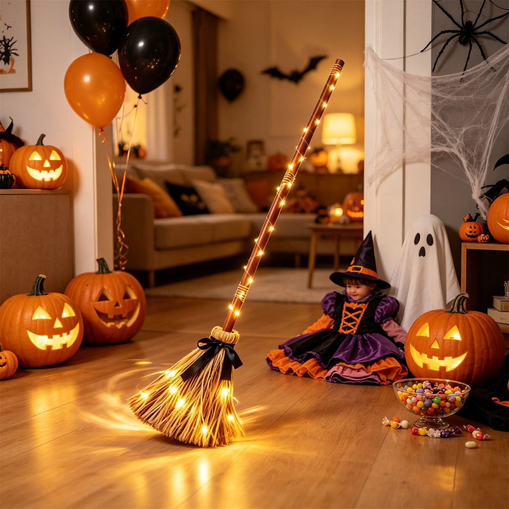 Halloween Decoration Indoor, 5.5 Ft Giant Light-Up Witches Broom, Rustic Halloween Decor for Porch, Yard, Front Door