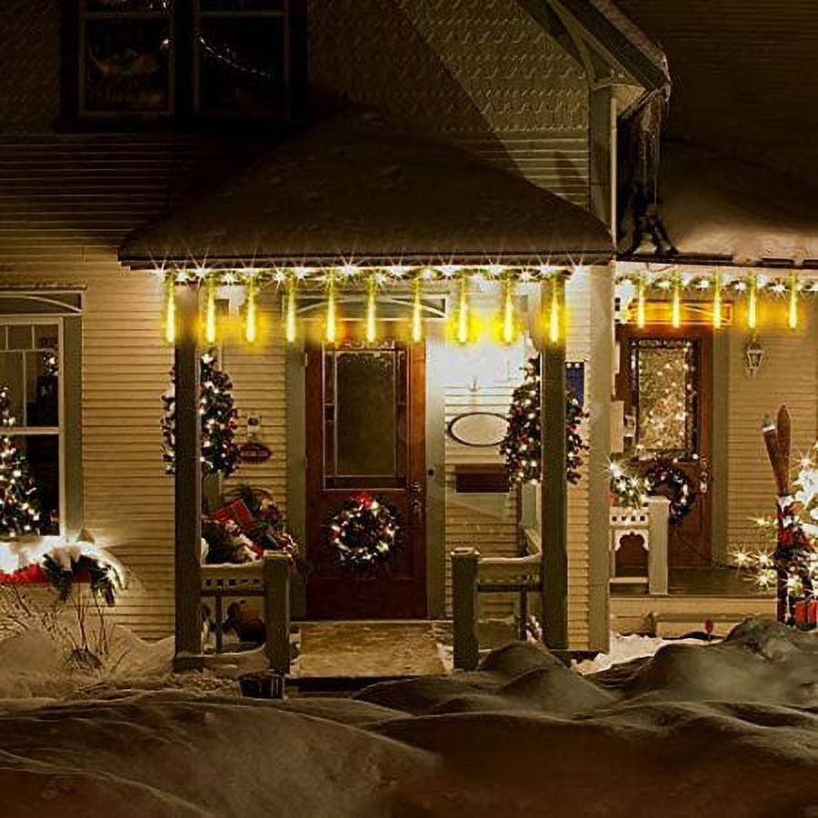 Morttic Meteor Shower Lights, Outdoor Falling Rain Lights 12 inch 8 Tube 192 LED Snow Falling Icicle Cascading Lights for Xmas Tree Halloween Decoration Wedding Party, Warm White