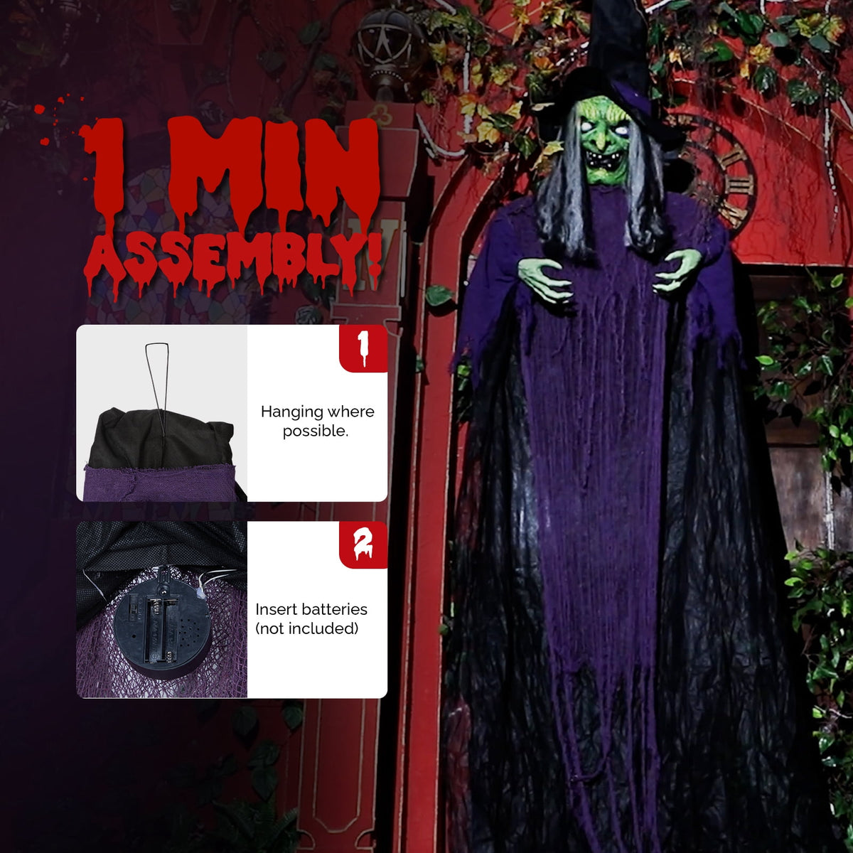 12ft Witch Animated Animatronic Decoration Creepy Halloween Hanging Witch w/ Pre-Recorded Screaming Ktaxon