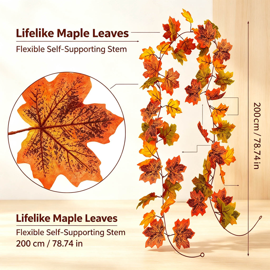 WKSCLPAI Halloween Maple Leaf Garland, Fall Vine Wreaths for Autumn Festivities Decor,Seasonal Garlands for Home,Halloween & Fall Decorations