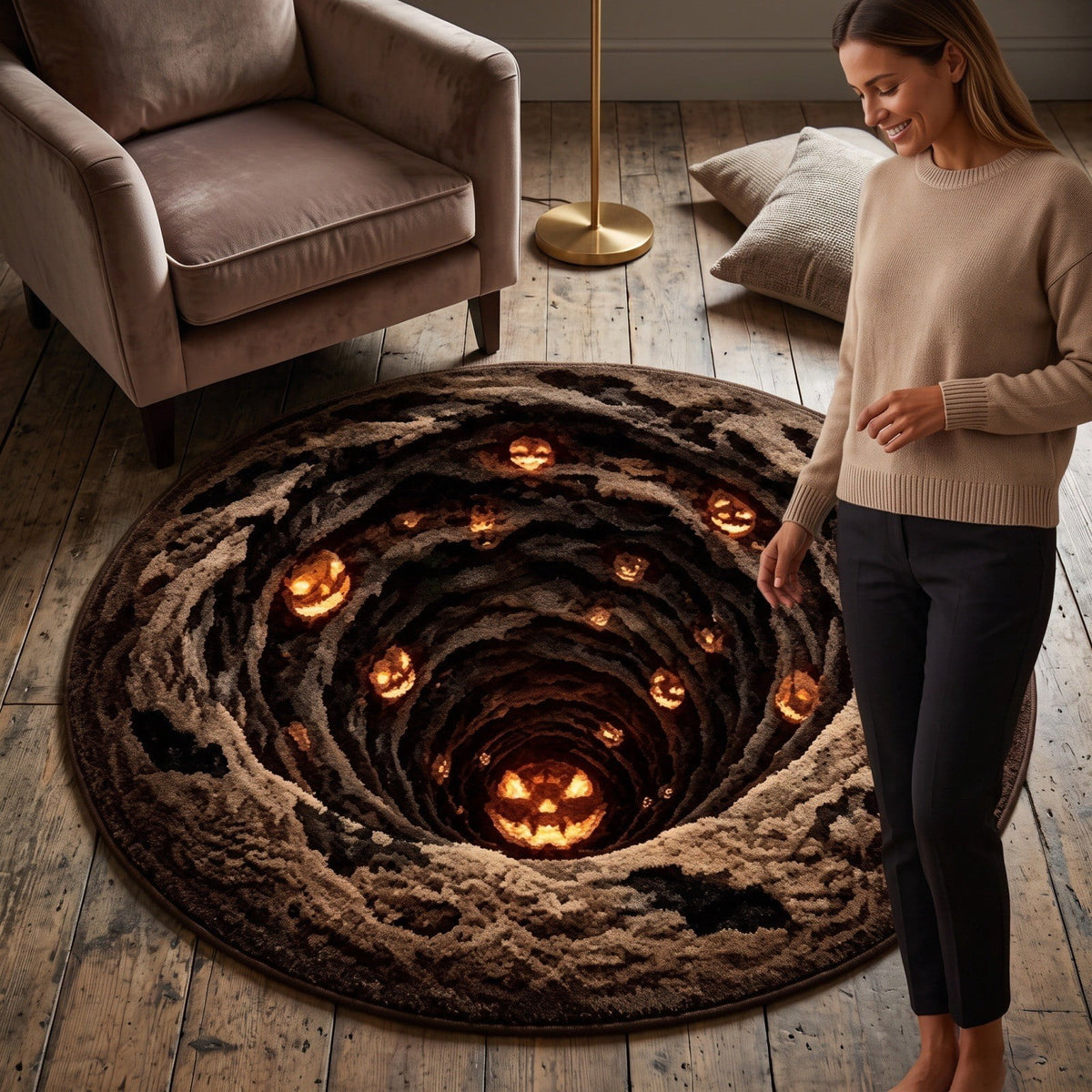 3D Halloween Round Rug, Illusion Halloween Round Mat, Funny Rug with Non-Slip Soft Visual Effect Door Mat for Living Room Indoor Decor
