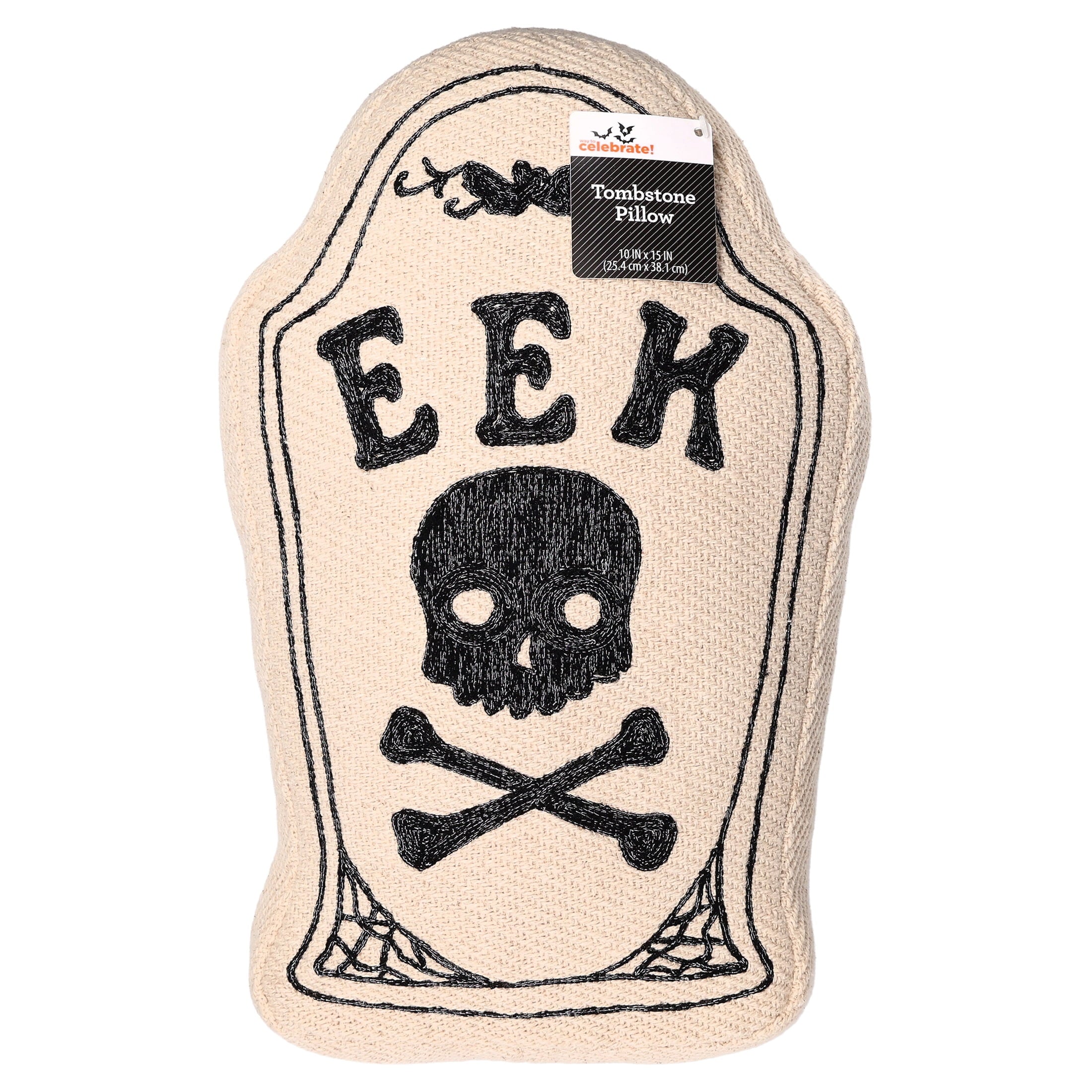 Eek Tombstone-Shaped Decorative Pillow, Black and Beige, 10" x 15", Halloween by Way To Celebrate