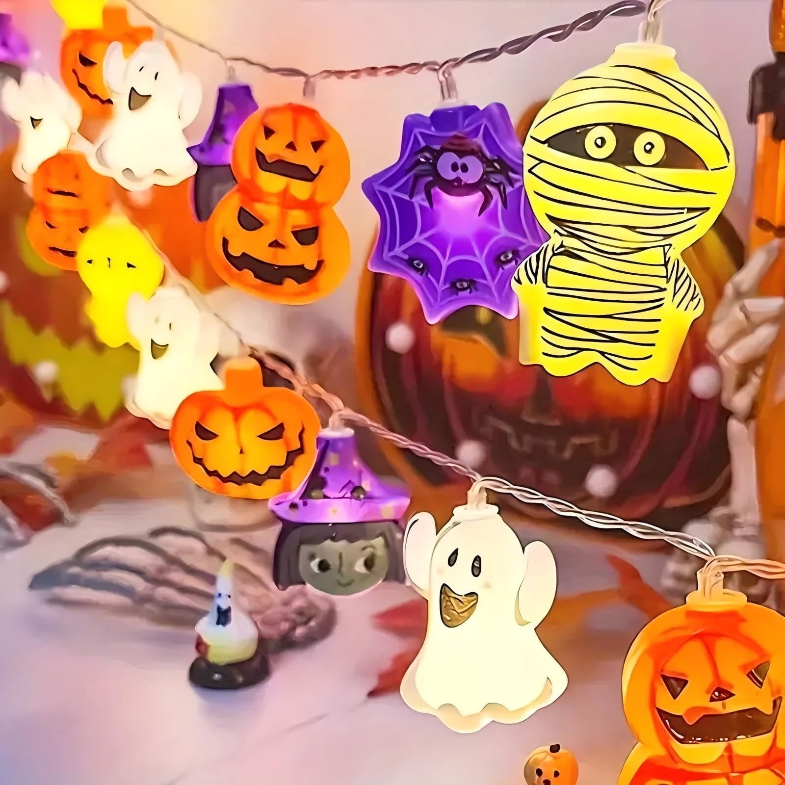 PMMIPNW Halloween LED Fairy String Lights 20LED - Spooky Pumpkin, Witch, Mummy & Cat, 8 Modes with Timer, Designs for Party Decor, Battery Operated Halloween Decorations
