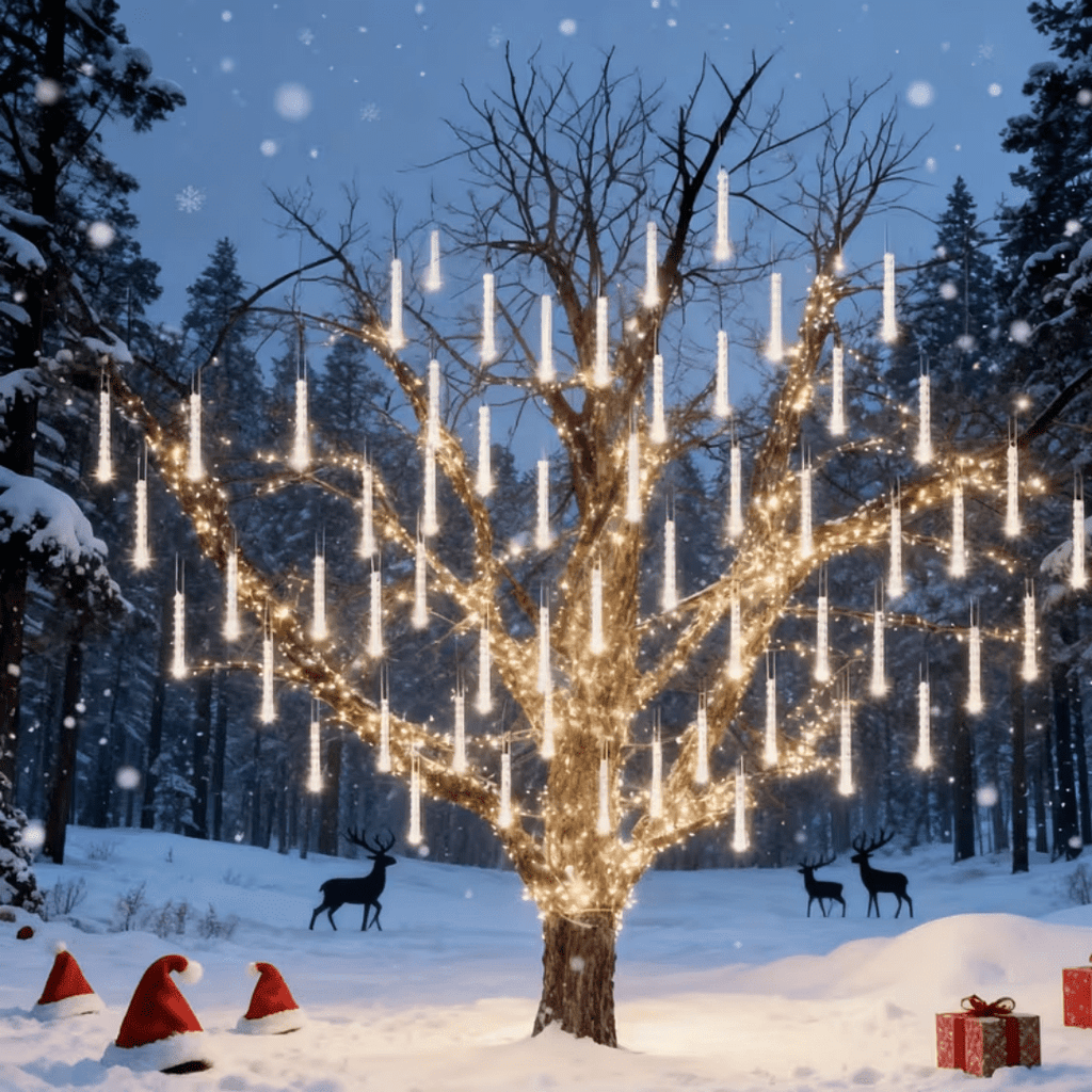 Multicolor Meteor Shower Lamp, Outdoor Solar Powered Icicle Lamp, Snowflake Falling Rain String Lamp, Christmas Tree Lamp, 10 Tubes, 11.8 Inches, 300 Led, Suitable For Halloween, Holiday Parties