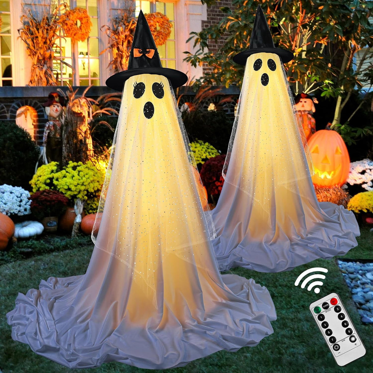 2-Pack Halloween Decorations Outdoor, Halloween Party Decorations Indoor, Ghost Decorations with Remote Control String Lights, Halloween Ghost Lights Suitable for Porch, Courtyard, Garden, Lawn