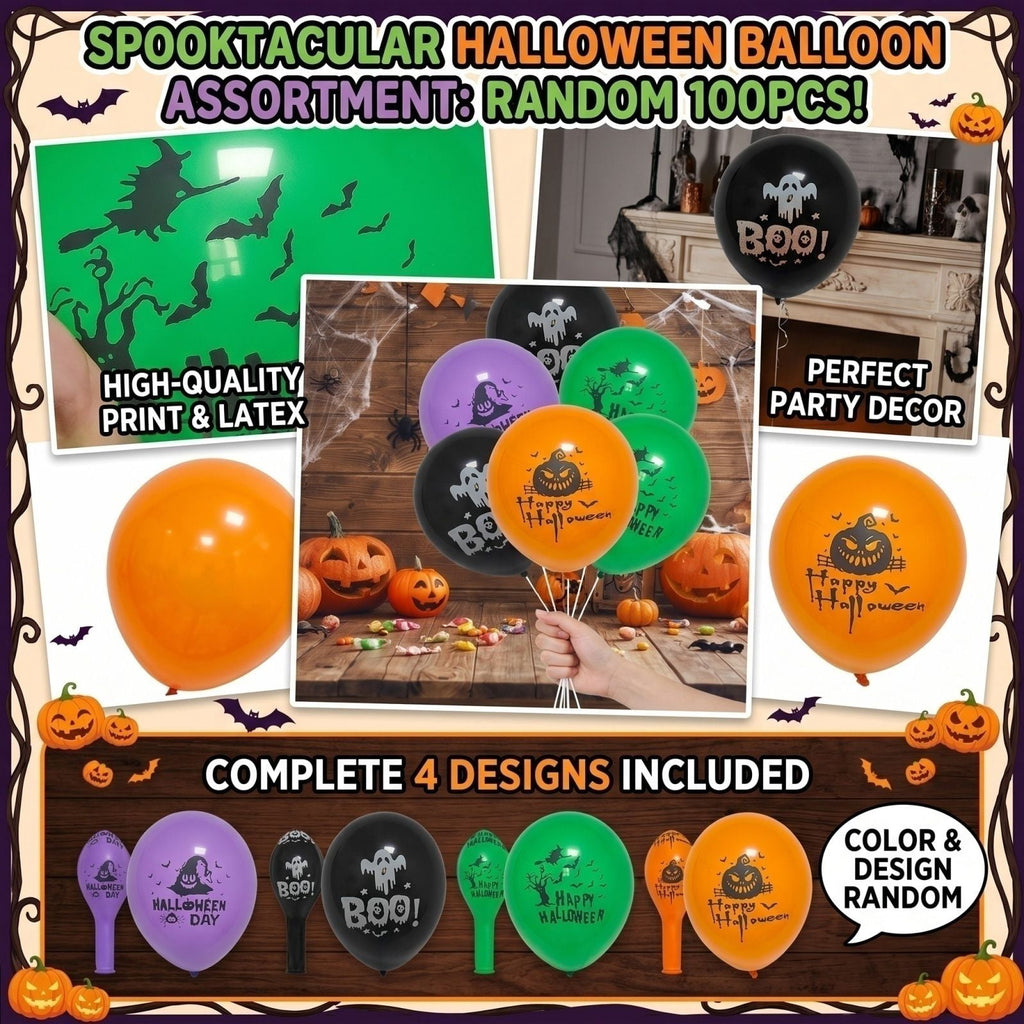 Halloween Balloons, Random Assorted Color Spooky Print, 100 Count Latex Decorations, for Halloween Party Indoor Outdoor Home Haunted House Trick or Treat Event Themed Celebration Decor Use