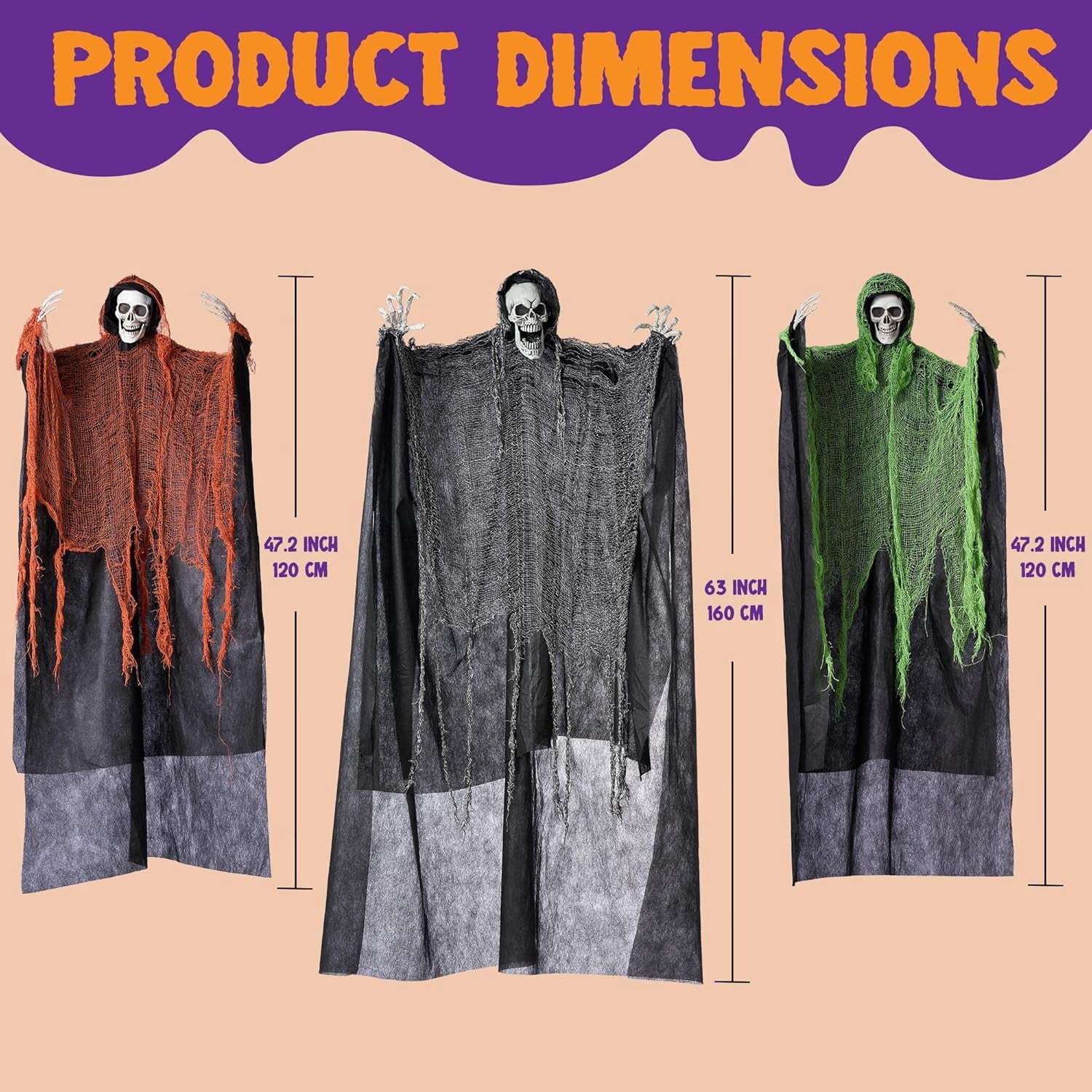 Joyfy 3 Pack Halloween Hanging Ghosts,Scary Skeleton Ghosts Grim Reapers Decorations for Halloween Indoor Outdoor Yard Home Decorations