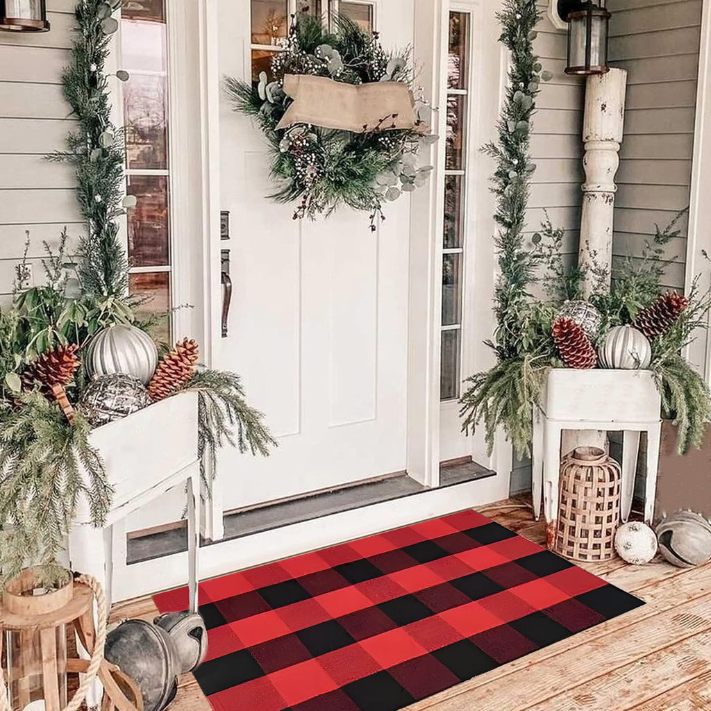 Taicans Fall Outdoor Rug,Buffalo Plaid Rug Red & White Striepd Rug Front Door Mat Halloween Thanksgiving Fall Autumn Home Decor,Welcome Doormat for Front Door,Farmhouse Decor,23.6 x 15.7 Inch