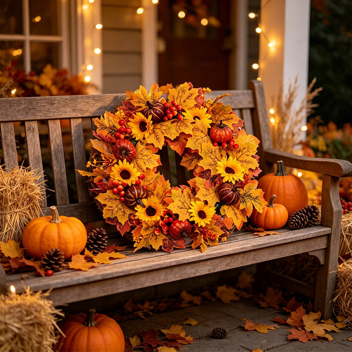 HOARBOEG Autumn Harvest Sunflower Wreath, Artificial Pumpkin Maple Leaf Fall Wreath for Front Door, 21.65 in Thanksgiving Wall Hanging Decor, Outdoor Indoor Harvest Decor