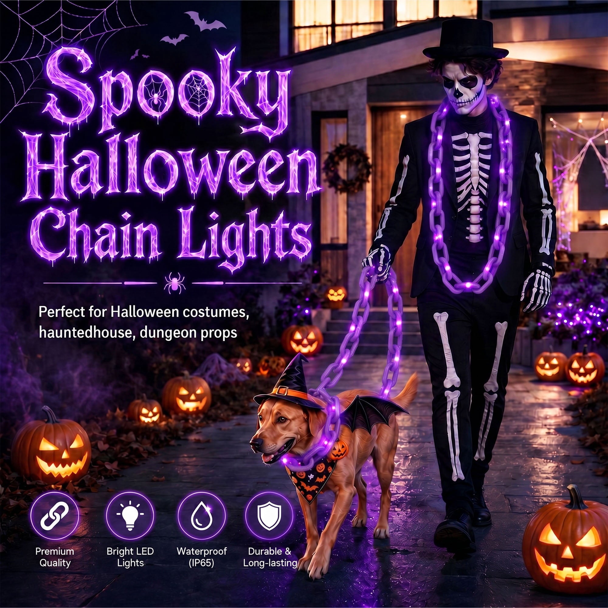 DAYBETTER 10FT Halloween Chain Lights, 8 Modes, Purple Lighted Props Chains, Waterproof for Outdoor Party, Creepy Cosplay, Spooky Ornaments