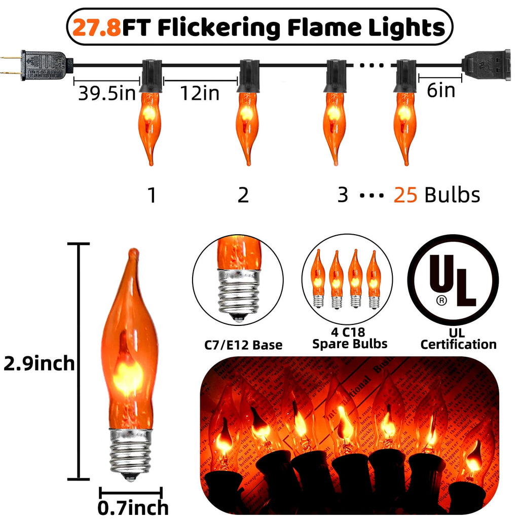 12.8Ft Christmas Lights Flickering Flame String Lights with 12 Pack Clear C7 Flame Light Bulbs（2 Spare）, Great for Indoor Outdoor Home Patio Party Christmas Decorations Lights, 1W, E12 Base