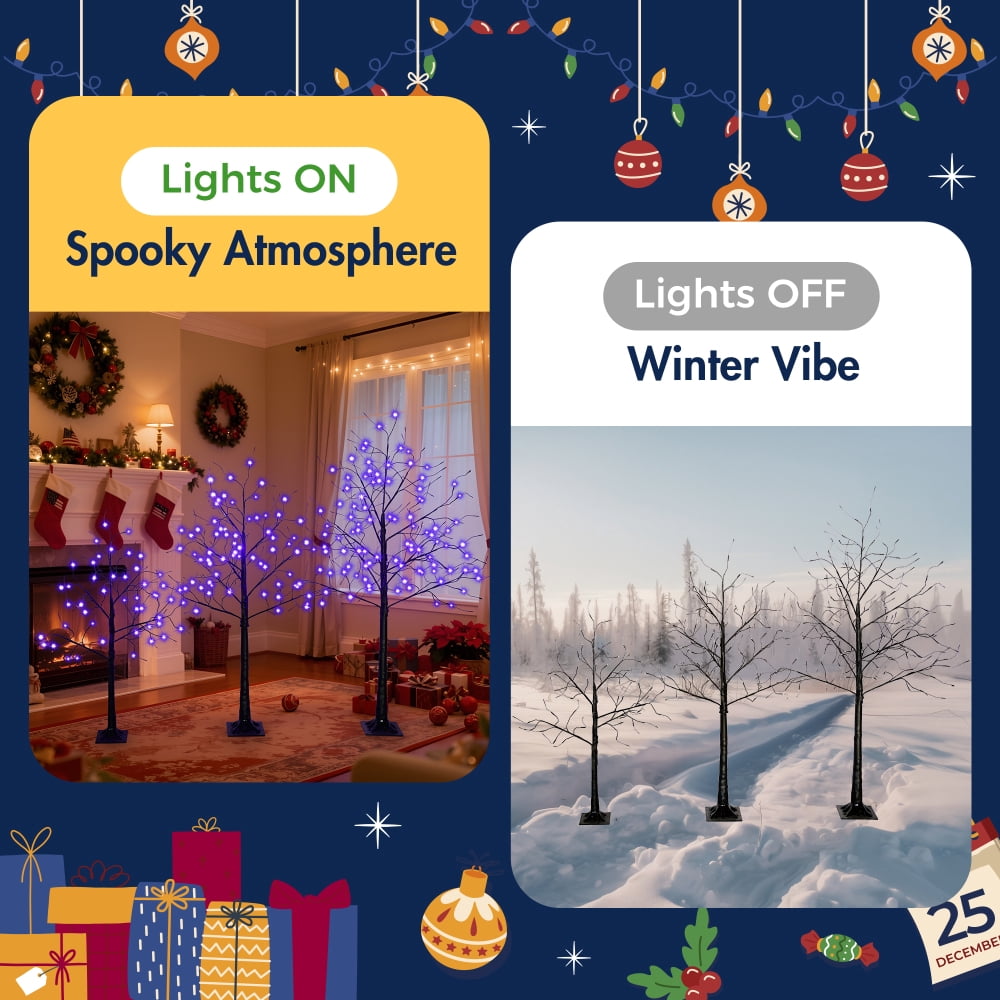 3-Pack Black Adjustable Branches Trees with Purple LED Lights, 4FT 5FT 6FT Pre-Lit Spooky Tree Set for Indoor Halloween Christmas Decor