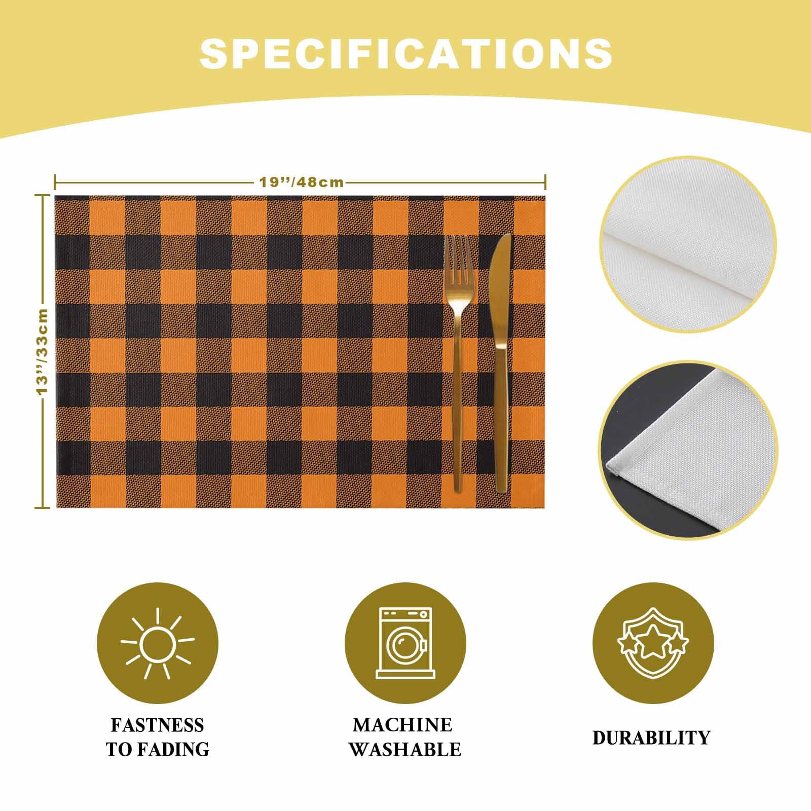 Halloween Placemats Set of 4 Orange and Black Check Plaid Place Mats Fall Placemat Checkered Table Mats for Dining Kitchen Table Holiday Dinner Party Home Decorations 13x19 Inch