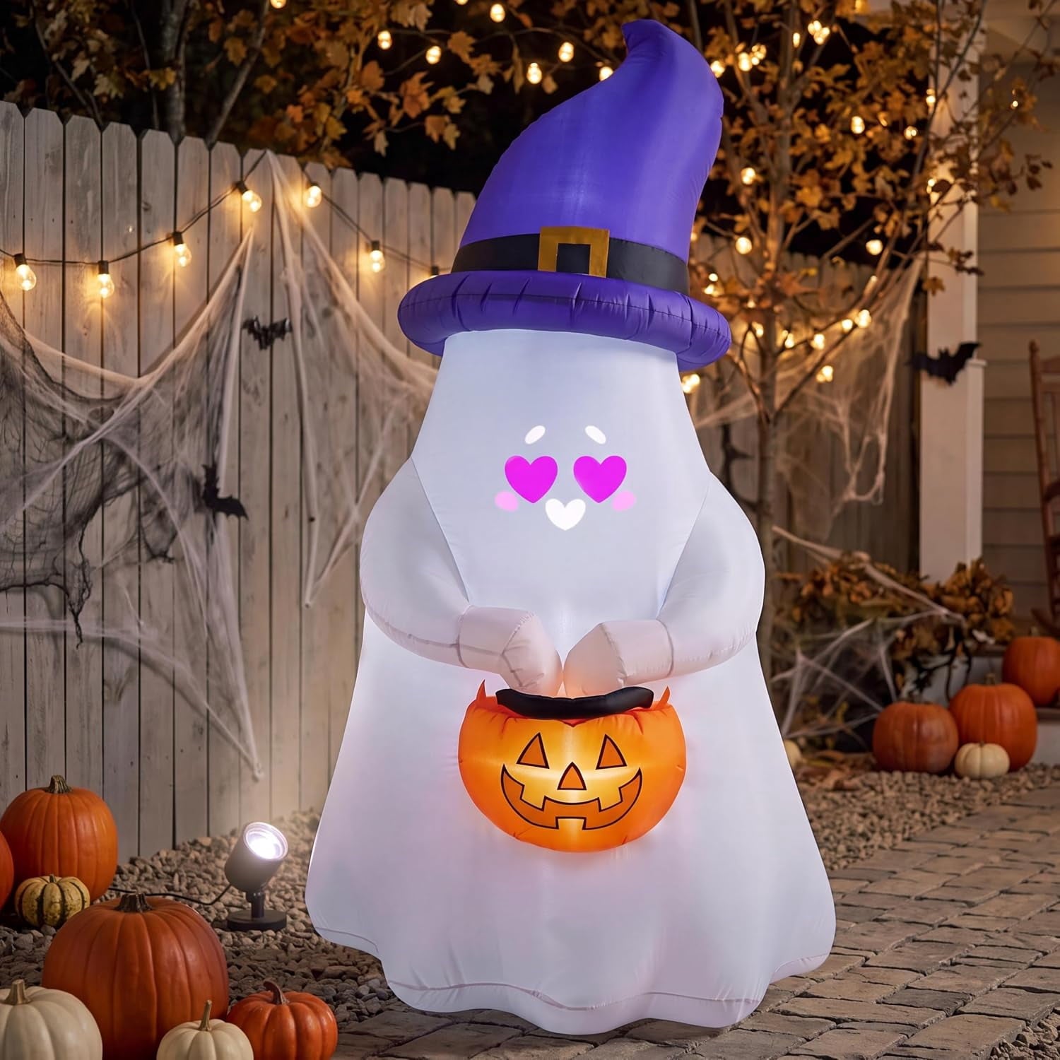 Joyfy 6 ft Halloween Inflatable Witch & Cauldron,Blow Up Decor with Rotating Green Ghost Projection Built-in LEDs,Outdoor Decoration for Party,Yard,Garden