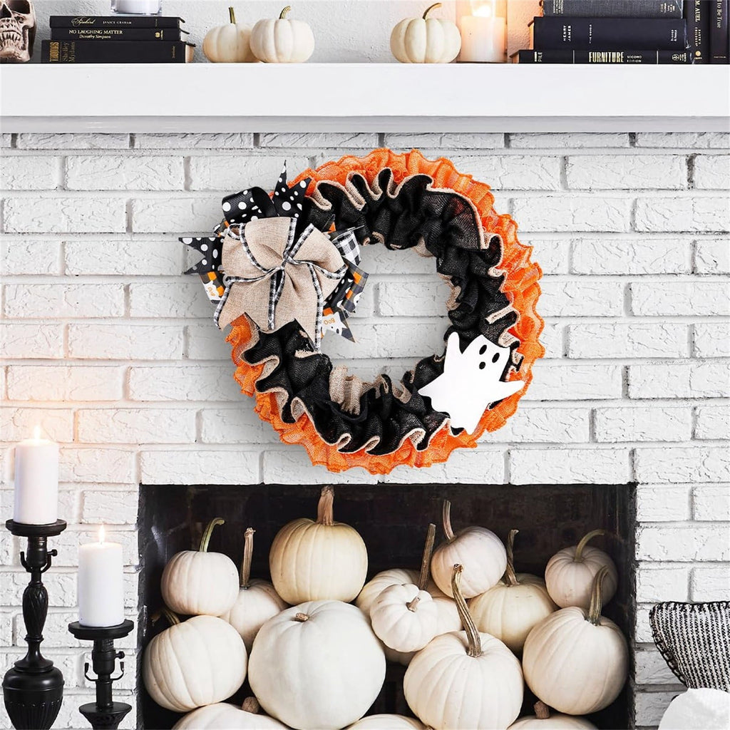 15" Halloween Boo Ghost Wreath for Front Door - Farmhouse Burlap Wreath with Bows, Indoor/Outdoor Decor for Home, Window & Party, Trick or Treat Welcome Sign