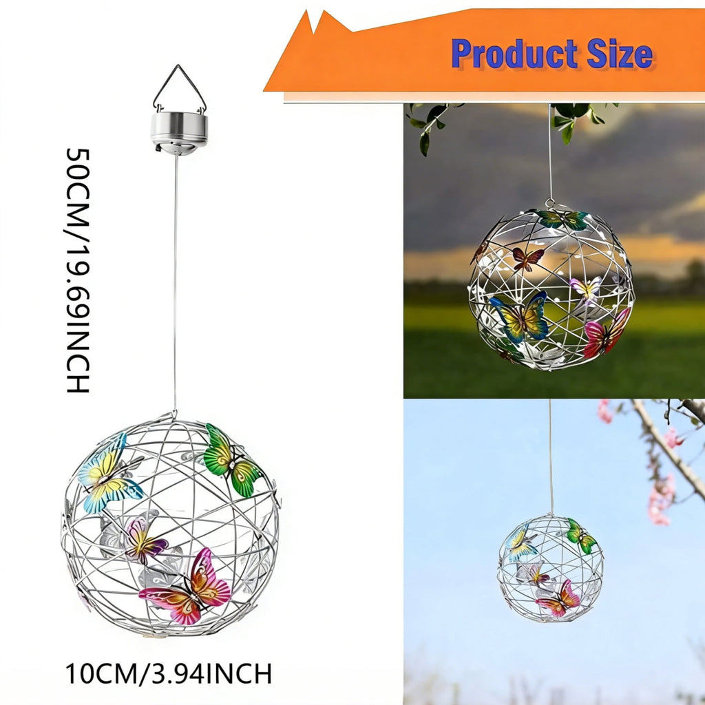 Hanging Solar Light Round Ball with Colorful Butterfly with Weaving String Special Gift for Garden Patio Gazebo Decor Camping