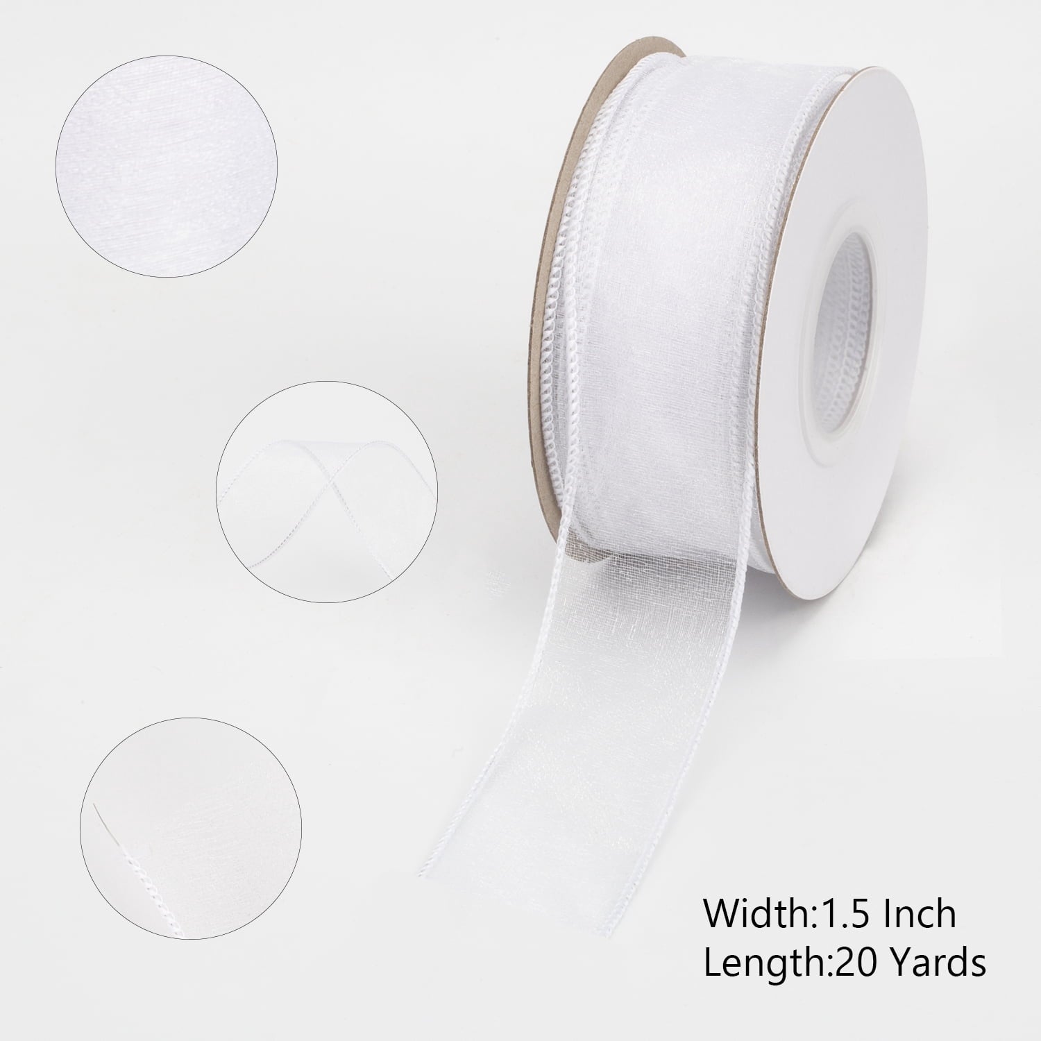Joycrosso 1.5 Inch White Wired Organza Ribbon - 20 Yards Sheer Decorative Ribbon for Gift Wrapping, Wedding Decor, Christmas Tree, Crafts & DIY Projects