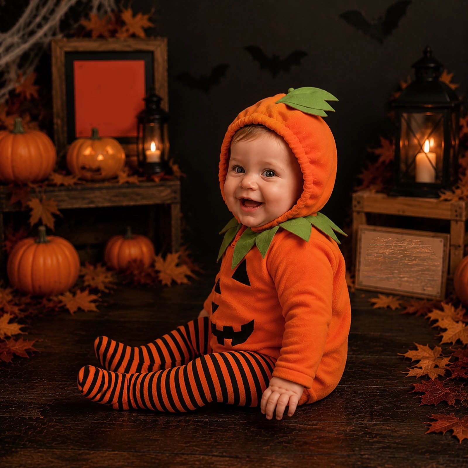 Newborn Infant Cute Jack-O-Lantern Costume Halloween Bodysuit and Striped Leggings Set Fall Holiday Fancy Dress Up Outfit for Boys Girls Party Festival