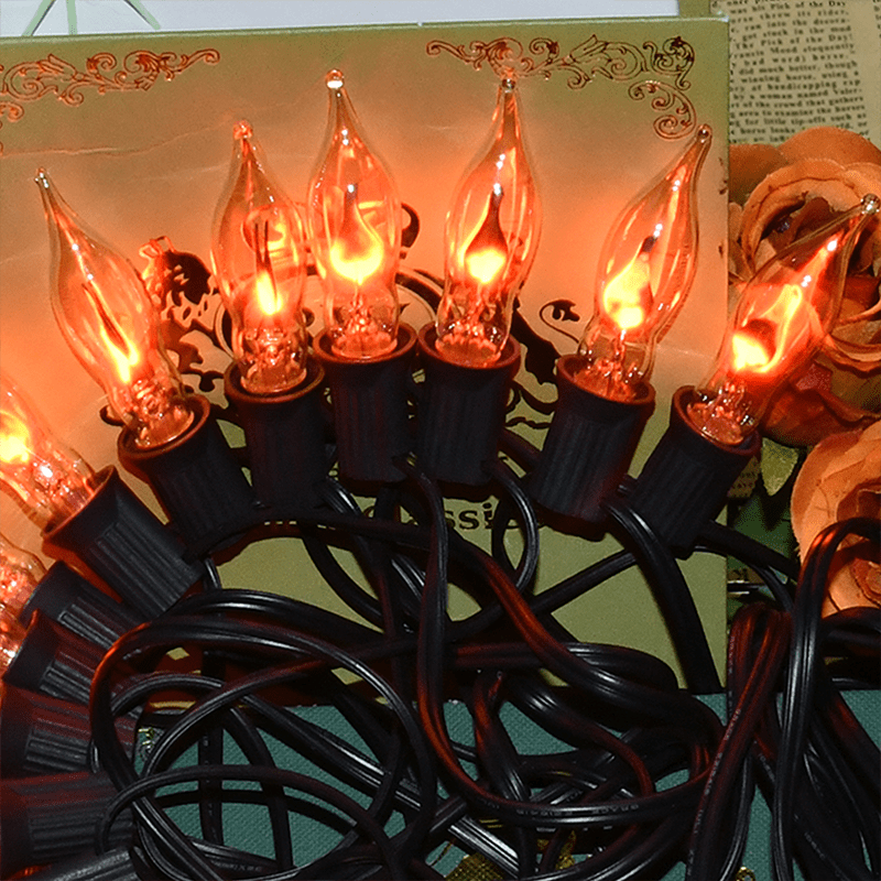 Halloween Lights Flickering Flame String Lights with 12 Pack C7 Orange Flame Light Bulbs (2 Spare), 12.8Ft Orange Flame String Lights for Indoor Outdoor Home Party Yard Halloween Decorations