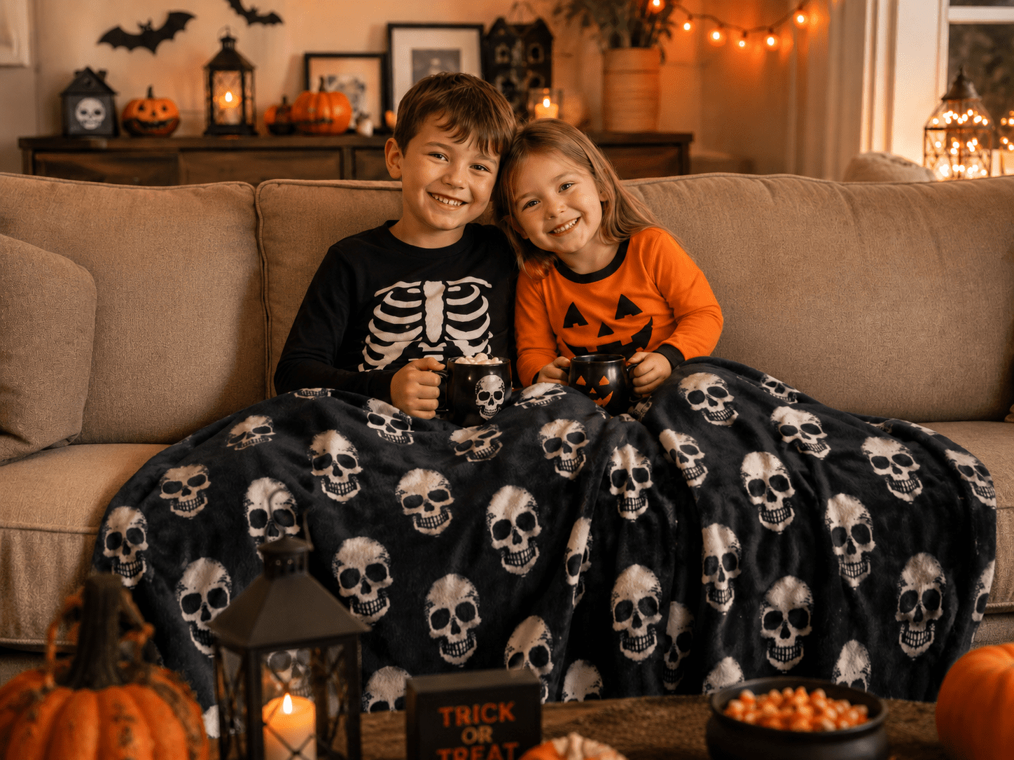 Serafina Home Halloween Throw Blanket: Fuzzy Boo! Jack O'Lantern Spider Webs Skull and Black Cats Print on Velvet Fleece for Sofa Bed Couch Chair Dorm