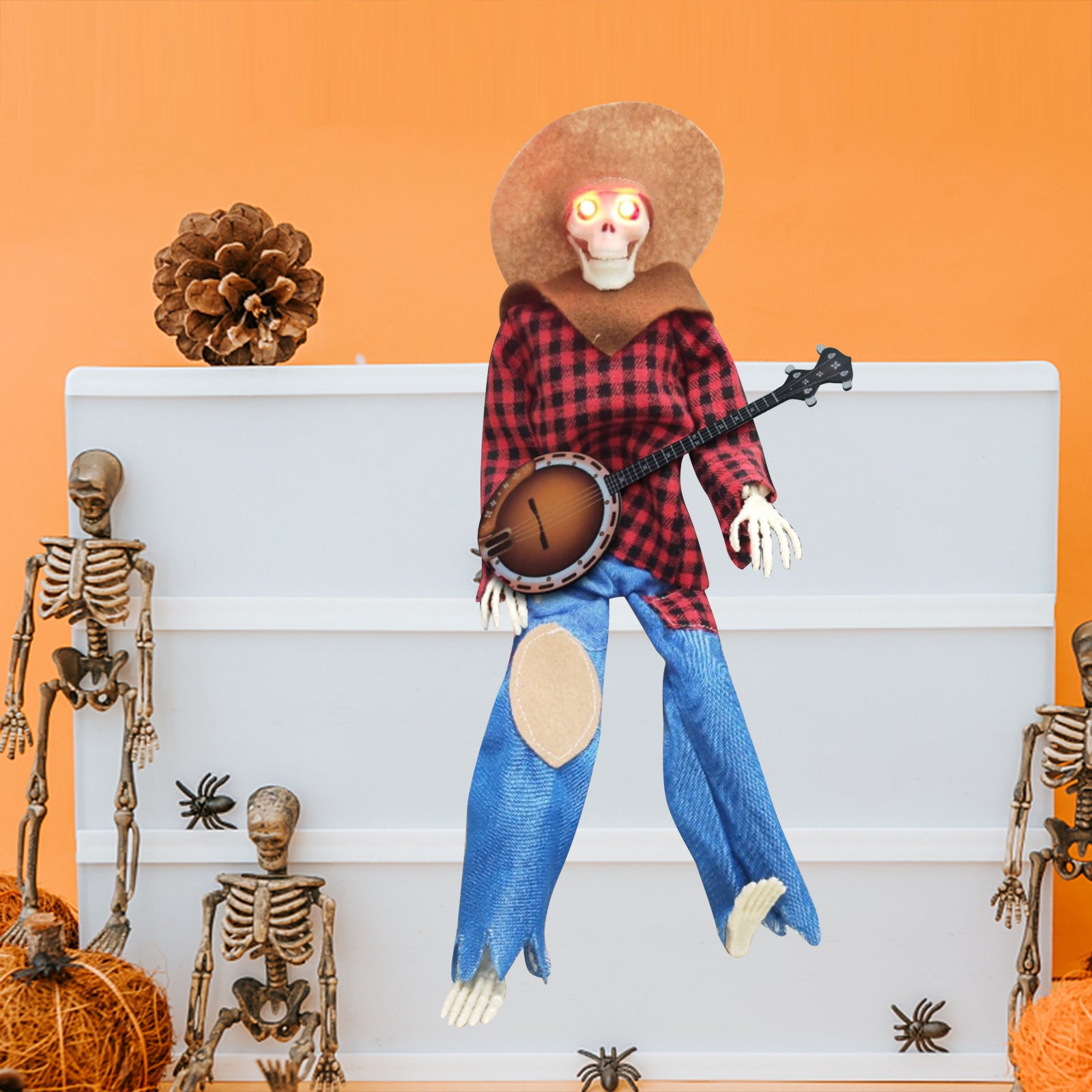 15" Animated Banjo Cowboy Skeletons with Clothes and Hat for Party Shelf Halloween Decorations(Red)