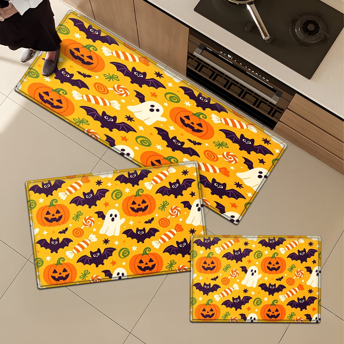 CCTFS Halloween Pumpkin Bat Candy 1Pc Flannel Mat and Kitchen Rugs,Soft Non-slip,Perfect for Home Bathroom