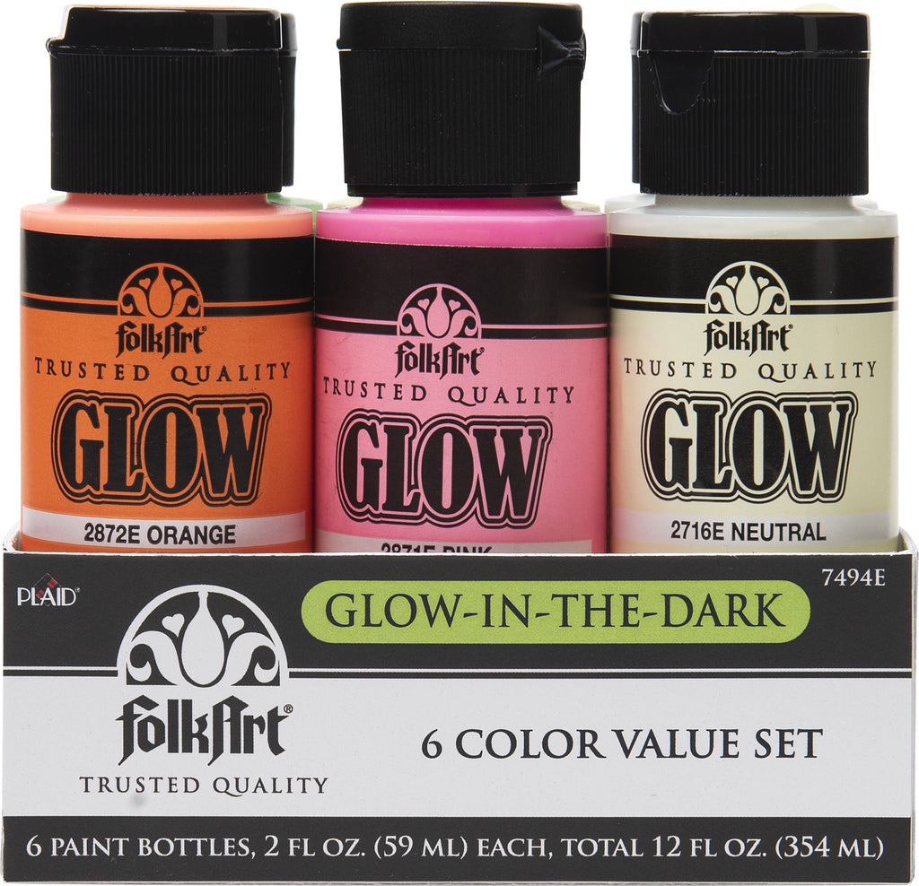 FolkArt 7494E Glow-in-the-Dark Acrylic Paint Set, Matte Finish, Set of 6, 12 fl oz