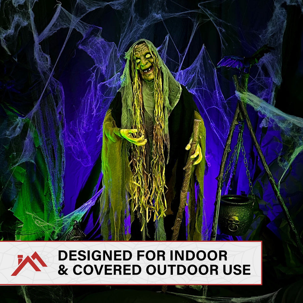 Haunted Hill Farm Life Size 5.6 ft Animatronic Witch, Indoor/Outdoor Halloween Decoration