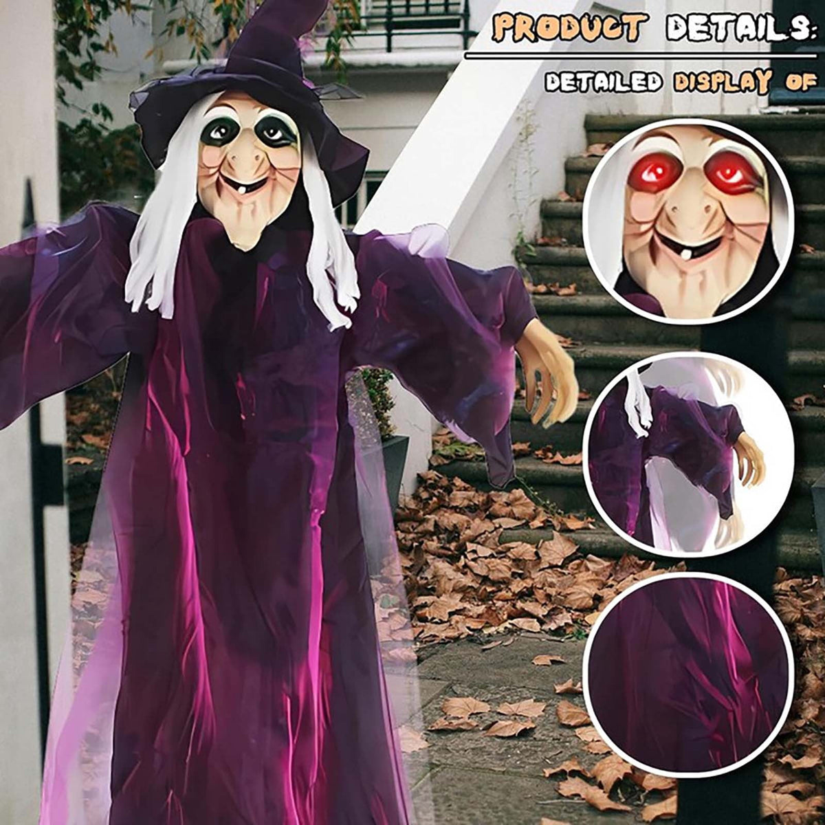 Halloween Animatronics Witch Decorations, 6 FT Hanging Witch Halloween Decor, Giant Animated Standing Talking Witch with Red Eyes, Flying Witch Standing Decor for Scary Decors Prop