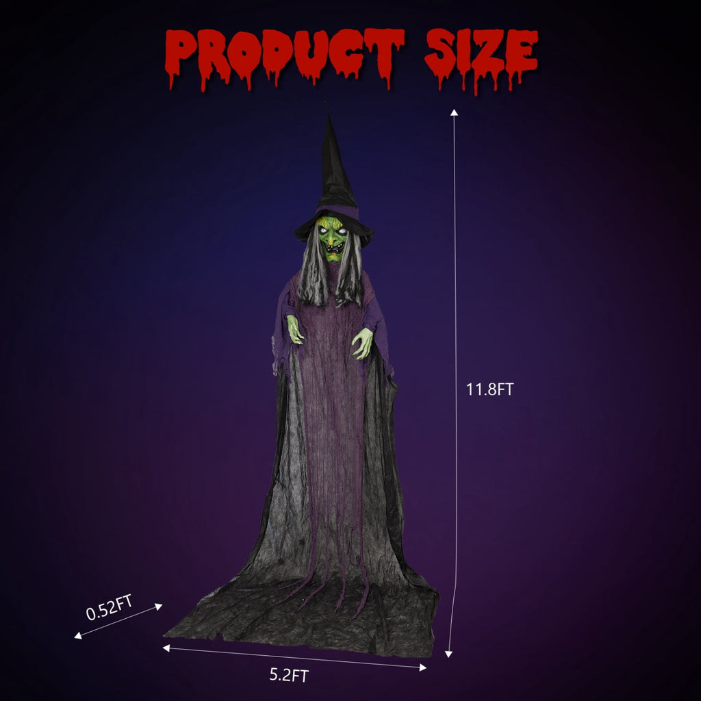 11.8ft Halloween Animatronics Hanging Witch Outdoor Decoration, Sound Animated Talking Witch with Light-up Eyes for Haunted House Prop Décor, Yard Lawn Decorations