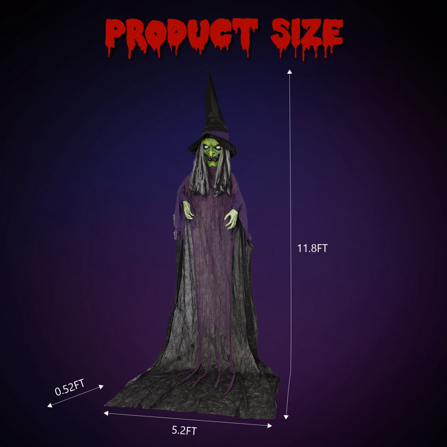 11.8ft Halloween Animatronics Hanging Witch Outdoor Decoration, Sound Animated Talking Witch with Light-up Eyes for Haunted House Prop Décor, Yard Lawn Decorations