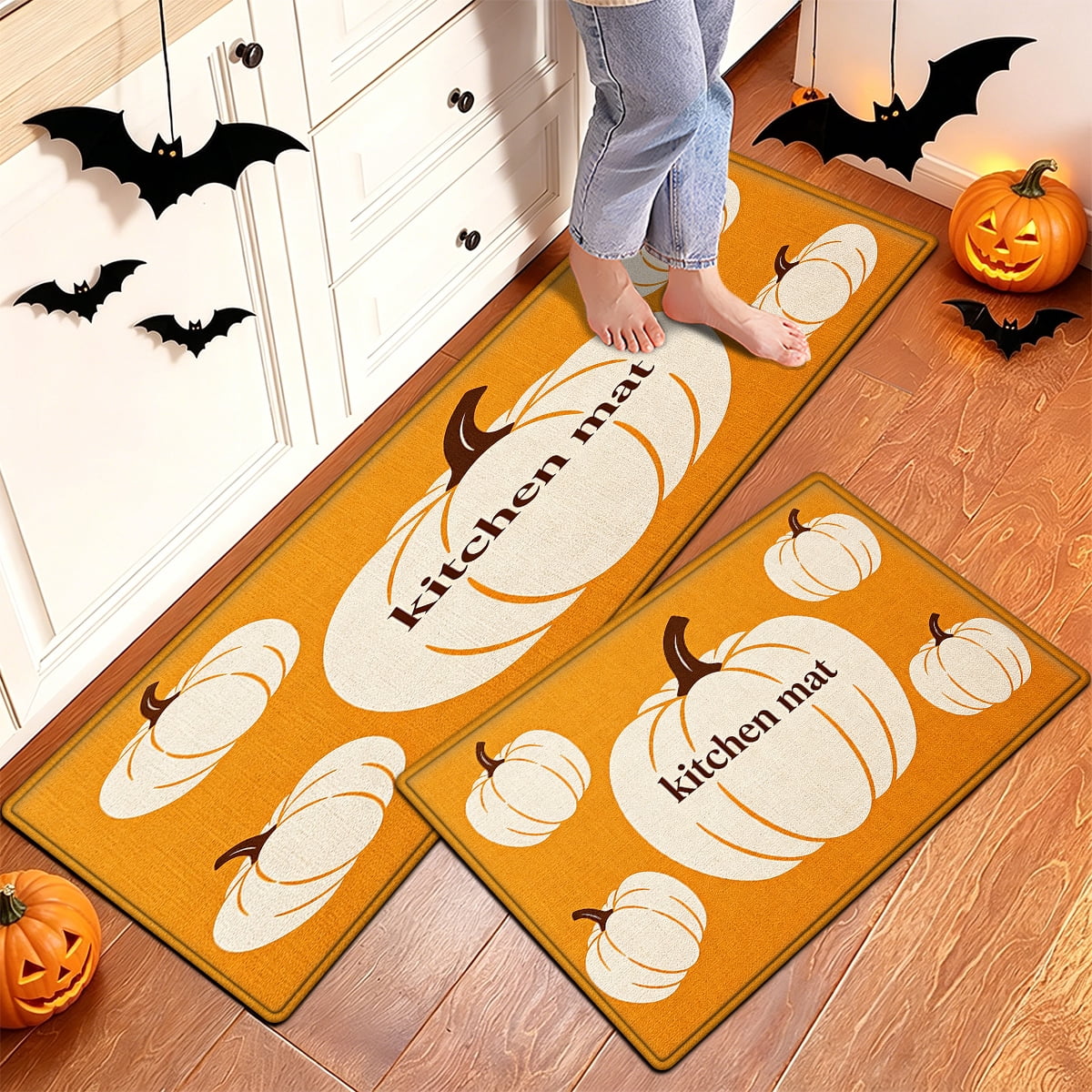 YIMEIS Halloween White Pumpkin Multi-purpose 3-Piece Flannel Mat and Kitchen Rugs,Soft Non-slip for Home Bedroom Bathroom