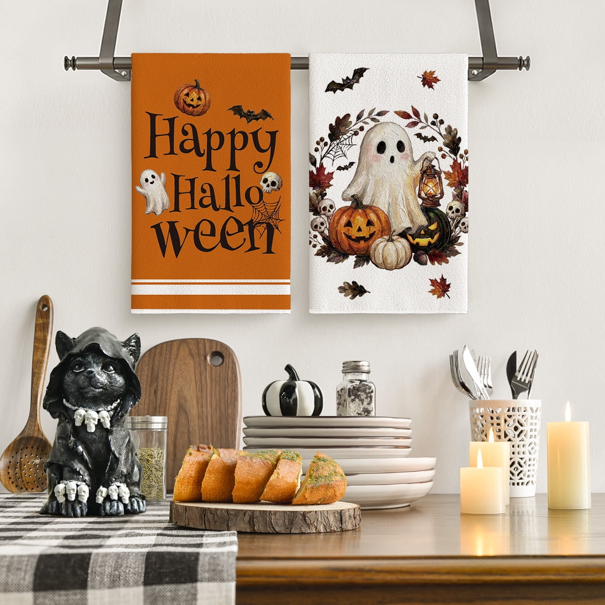 Sm:)e Ghost Pumpkins Bats Floral Spooky Halloween Kitchen Towels Dish Towels, 18x26 Inch Jack-O'-Lantern Decoration Hand Towels Set of 2