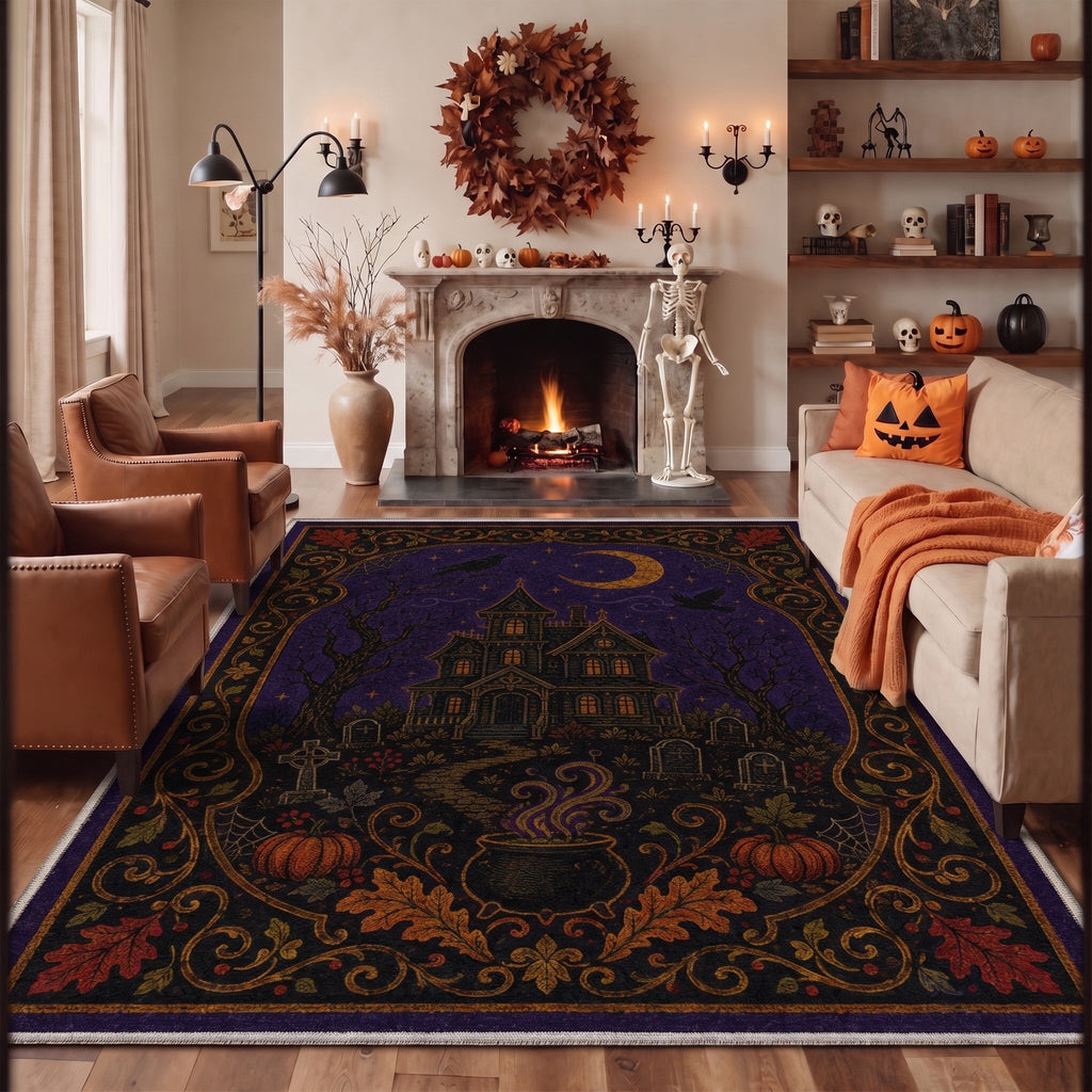 GENIMO 2'x7' Halloween Runner Rug, Washable Non Slip Soft Vintage Witch Indoor Outdoor Hallway Runner for Porch Patio Kitchen Entryway, Vintage Black