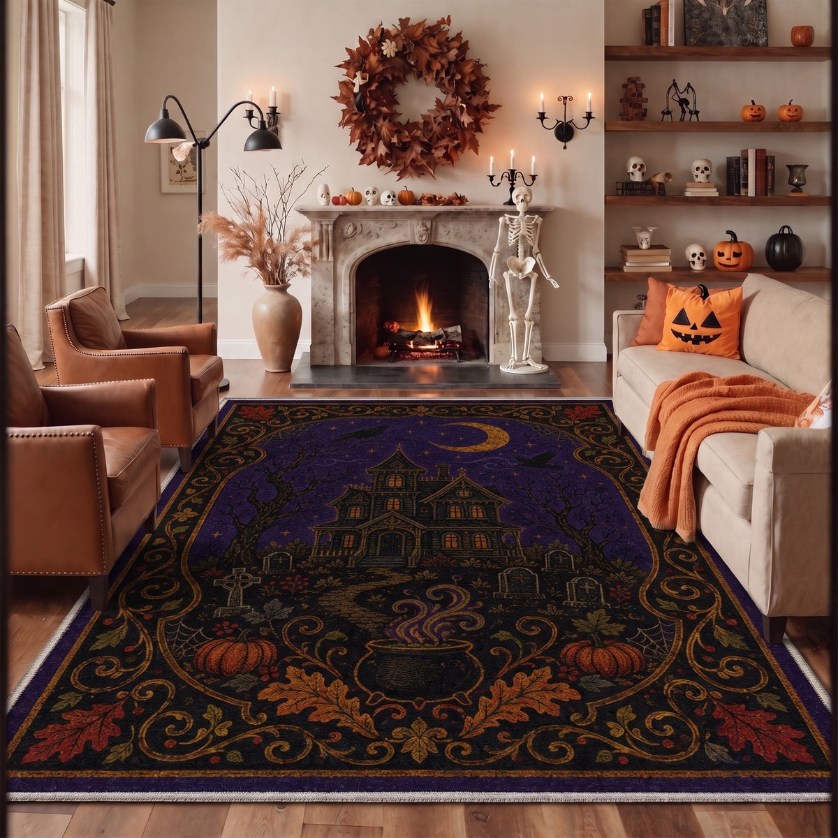 GENIMO 2'x7' Halloween Runner Rug, Washable Non Slip Soft Vintage Witch Indoor Outdoor Hallway Runner for Porch Patio Kitchen Entryway, Vintage Black