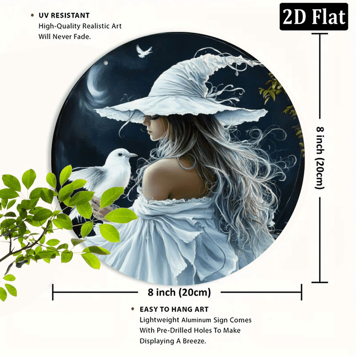 2D Enchanting White Witch &amp; Cat Round Sign - 8*8 Inch _ Durable, Fade-Resistant Wall Art for Home, Office, Cafe _ Mystical Forest &amp; Starry Sky Design _ Ideal Halloween &amp; Thanksgiving Gift