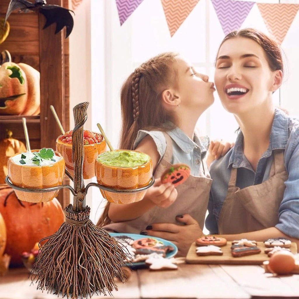 Diceymbol Halloween Pumpkin Snack Bowl Stand Collapsible Broomstick Candy Tray for Cupcakes & Desserts, Resin Serving Platter with Ceramic Pumpkin Bowls