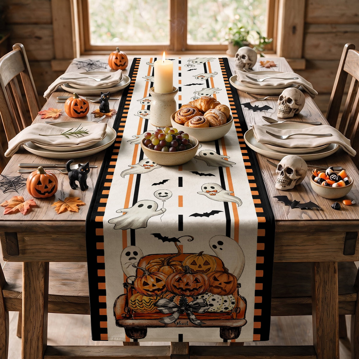Sm:)e Halloween Table Runner Ghost Pumpkin 13x72 Inch, Halloween Party Kitchen Dining Indoor Outdoor Decorations,Orange