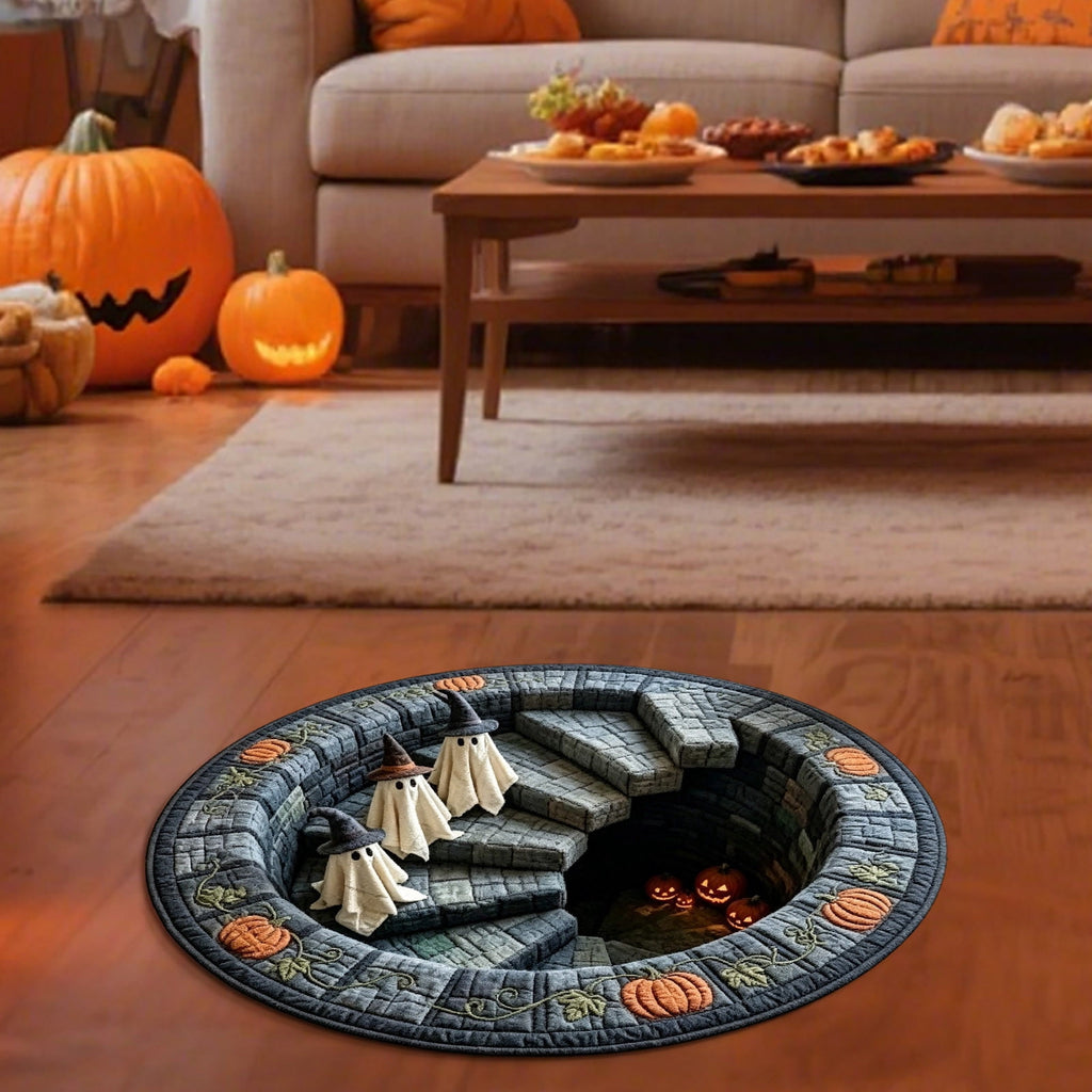 Halloween Round Rug 50cm Optical Illusion, Spooky Ghost Pumpkin Skull Mat, Non-Slip Entryway Bedroom Doormat for Home Party Floor Decor