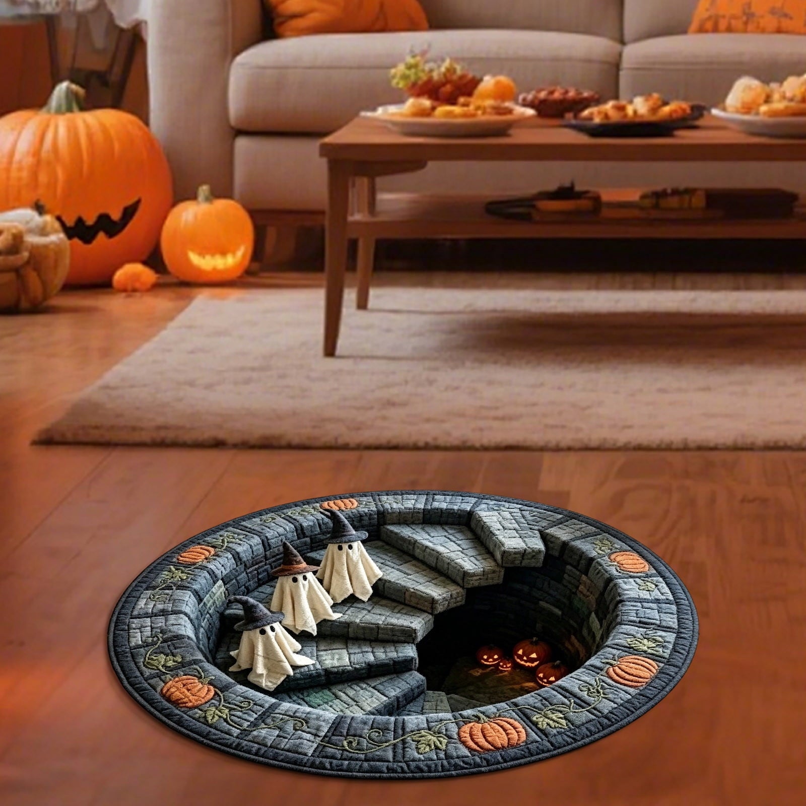 Halloween Round Rug 50cm Optical Illusion, Spooky Ghost Pumpkin Skull Mat, Non-Slip Entryway Bedroom Doormat for Home Party Floor Decor