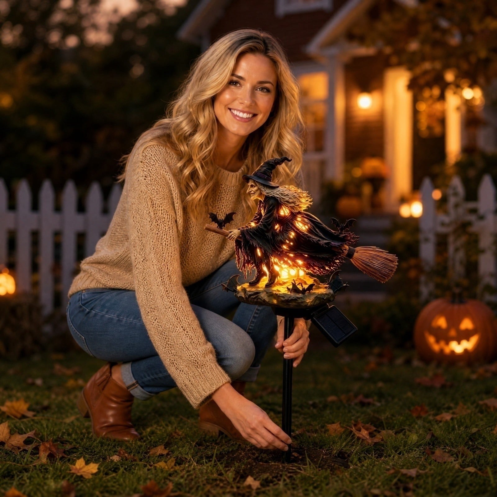 Halloween Witch Cauldron Garden Light, Solar Powered Halloween Projector Outdoor Decoration with Flying Witch and Lighted Cauldron, Witch Light Stake for Lawn Garden Porch Yard Decor, Style D