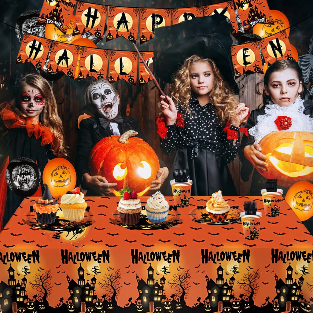 Halloween Paper Plates for Halloween Party Decoration Disposable Cups Napkins Table Cover Balloons Banner for Halloween Birthday Party Supplies Serve 20 Design2